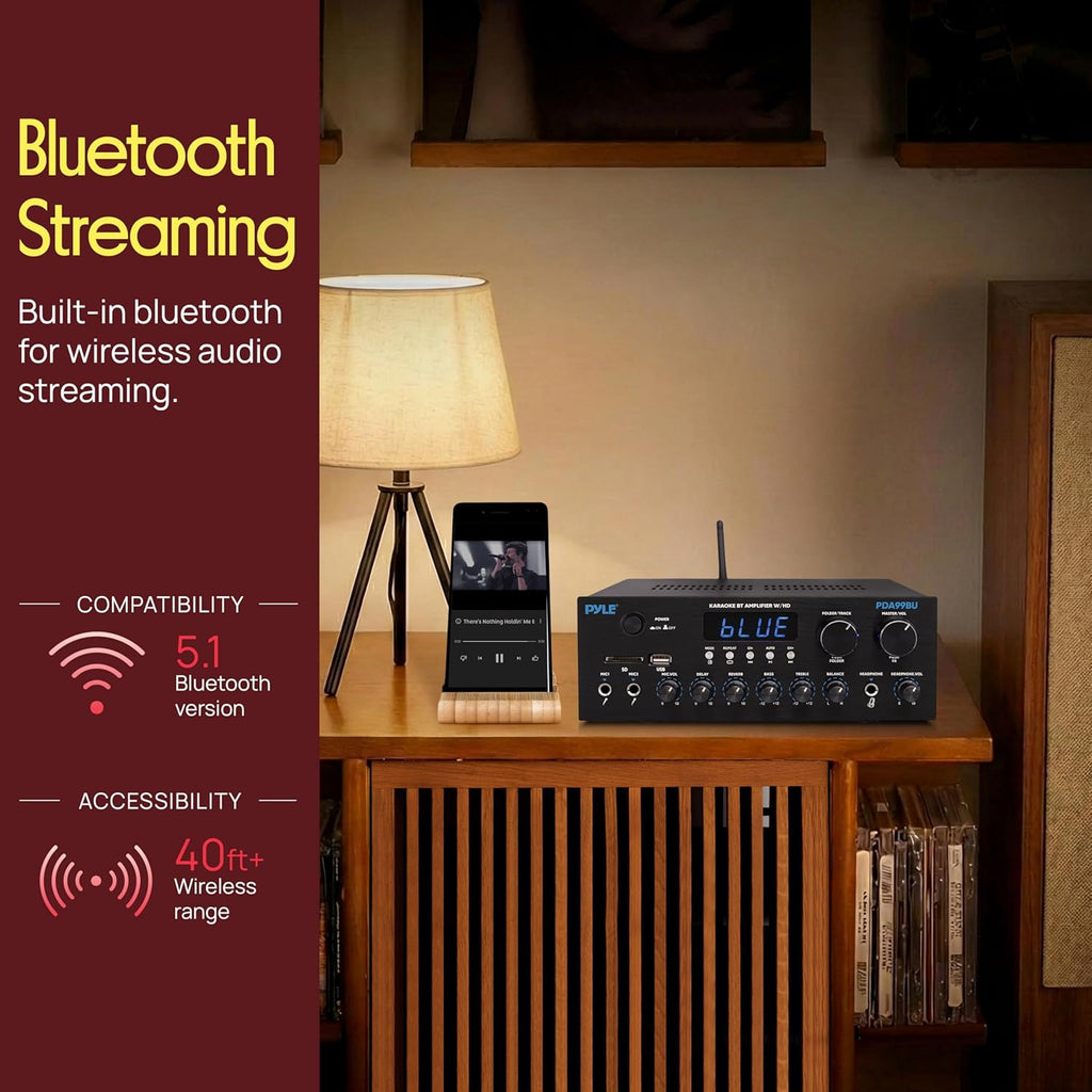 Pyle Wireless Bluetooth Streaming Amplifier - 300W Multi Channel Receiver with Dual Hi Def in/Out, Optical/Coaxial w/ 24 Bit decoding, Aluminum Control Knobs, Headphone Out, USB-A/SD - PDA99BU