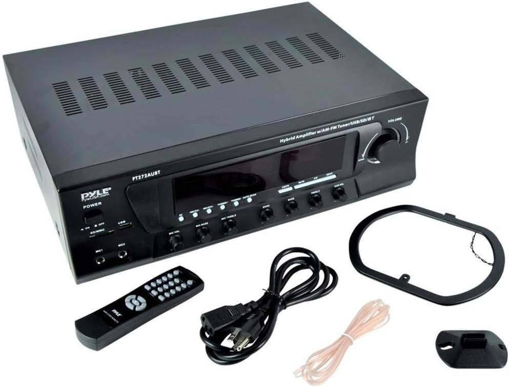 Pyle Home Stereo Amplifier with Bluetooth - 300 Watt Max 4 Channel Stereo Receiver with Easy Karaoke - Dual Mic In with EQ and Echo, USB-A and SD Card In, RCA In, RCA Out, LED Display - PT272AUBT