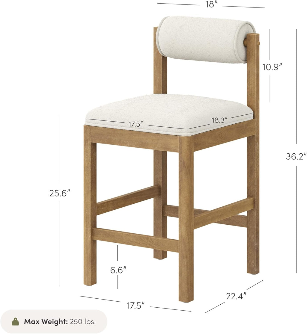 Nathan James Kimberly Modern Counter Stool with Solid Wood Legs, Boucle Upholstered Counter Height Stool with Bolster Back, Cream Boucle/Light Brown Set of 4