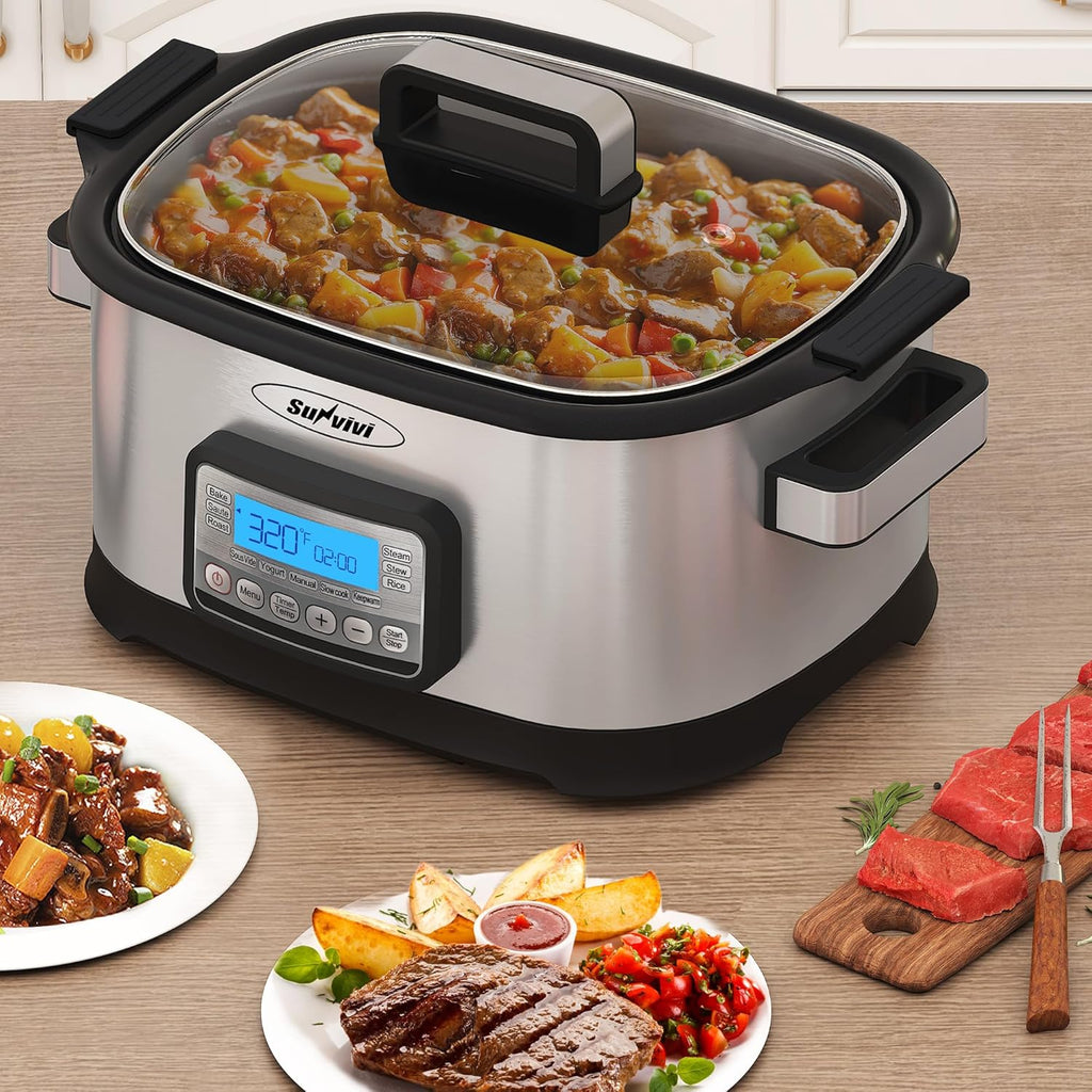 Sunvivi Slow Cooker Roaster Oven 6.5 Quart, 11 in 1 Programmable Multi-Cooker with Digital Timer, Temp Control, Keep Warm, Removable Nonstick Pot & Dishwasher-Safe Glass Lid, Sliver