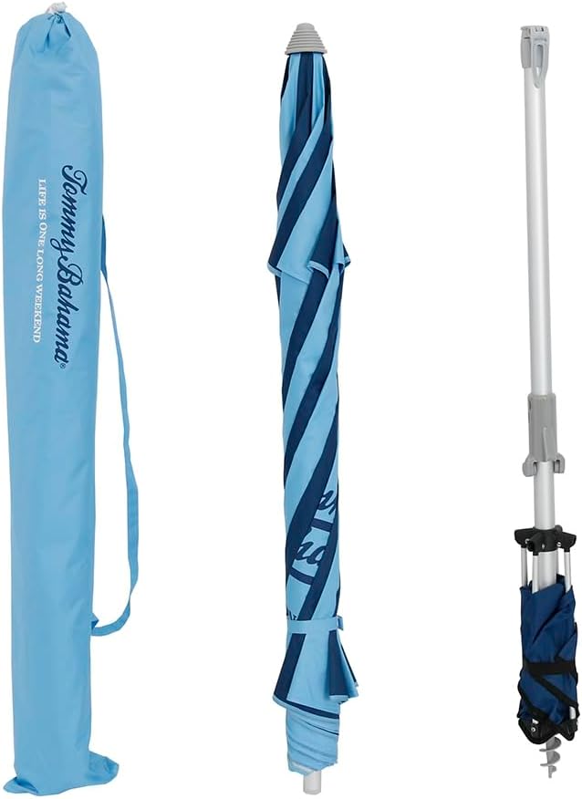 Tommy Bahama Fiberglass Beach Umbrella for Sand with Integrated Anchor