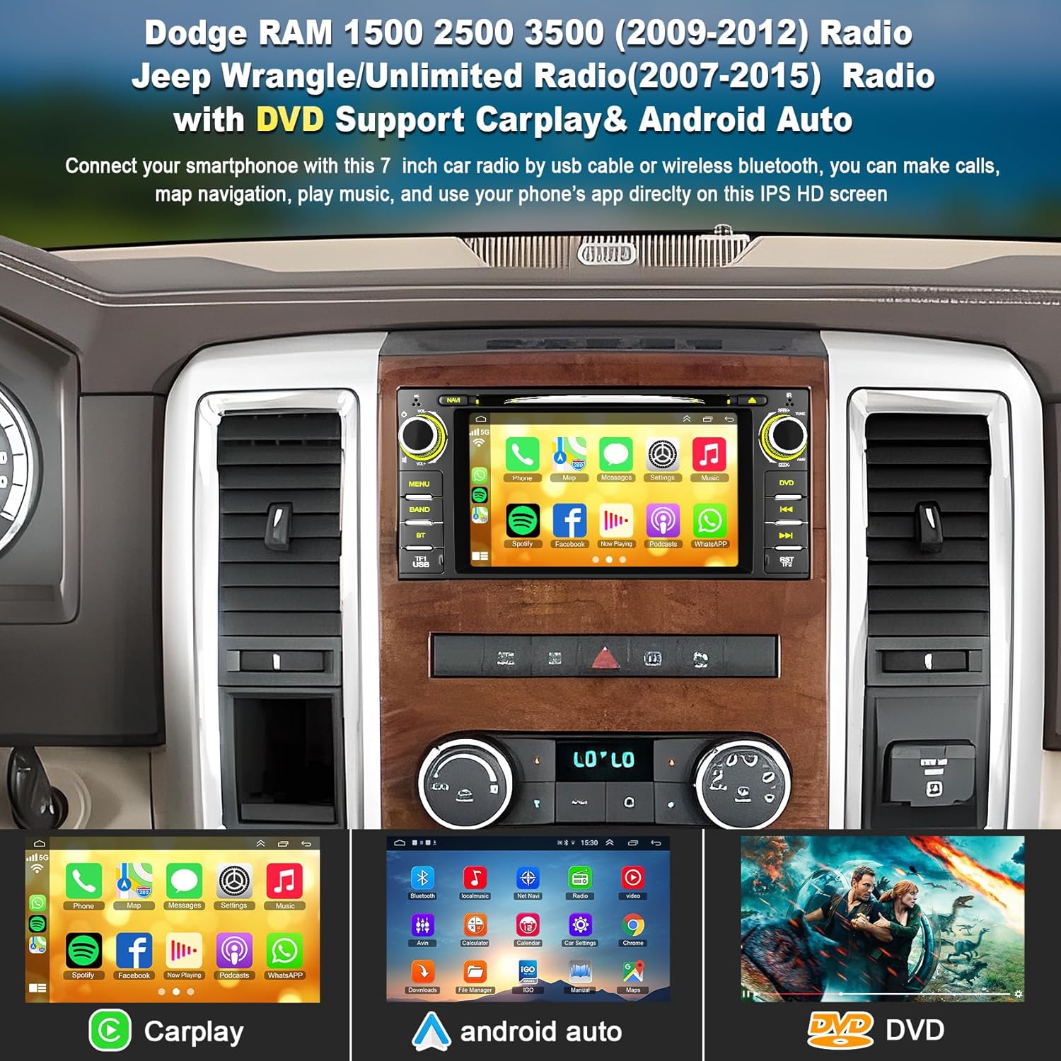Car Radio Stereo with CD/DVD Player for Dodge Challenger&Avenger(2008-2014), for Dodge RAM 1500 2500 3500 (2009-2012),7 Inch Head Unit with CarPlay & Android Auto,Bluetooth & Mirror Link