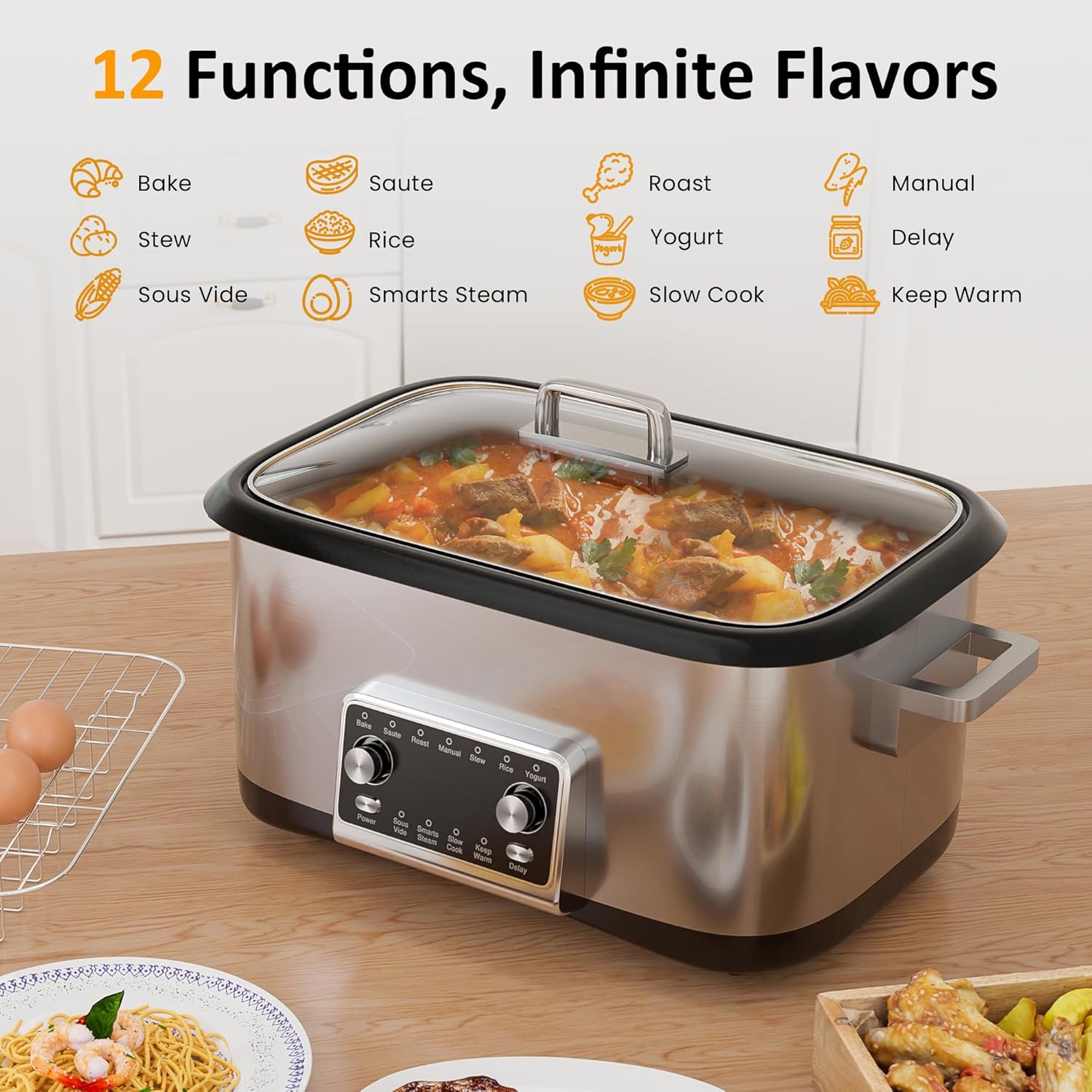 HEYNEMO 12-in-1 Programmable Slow Cooker, 8 Quart Slow Cooker with Timer, Temp Control and Auto Shut Off, Multi Cooker with Steaming Rack, Dishwasher-Safe Visual Glass Lid, Stainless Steel