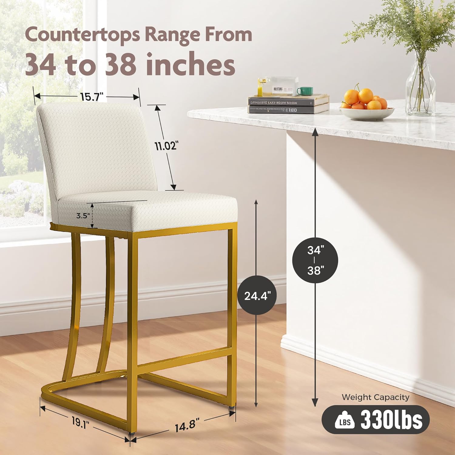 ALPHA HOME Counter Stools with Backs, 24 inch Bar Stools for Kitchen Island, Upholstered PU Leather Bar Chair with footrest, Great for Coffee Shop, Kitchen, Dining Room, White&Gold