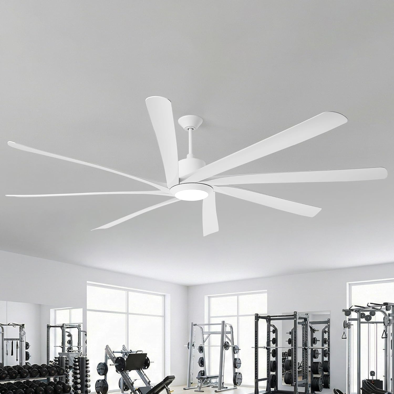 100 Inch Ceiling Fans with Lights and Remote, Large Industrial Ceiling Fan with High Airflow DC Motor, 8 ABS Blades Reversible Quiet Commencial Fan for Shop, Garage, Living Room, Warehouse, White