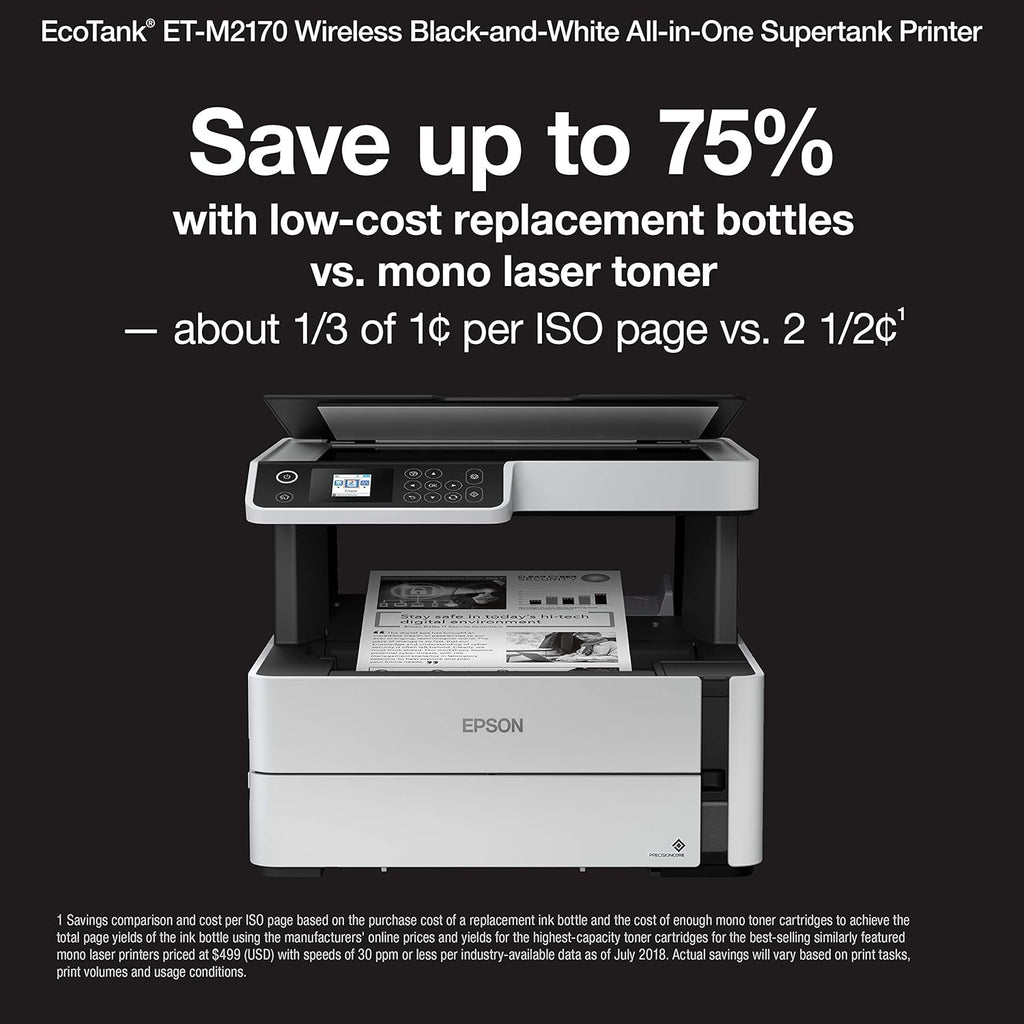 Epson EcoTank ET-M2170 Wireless Monochrome All-in-One Supertank Printer with Ethernet PLUS 2 Years of Unlimited Ink*,White