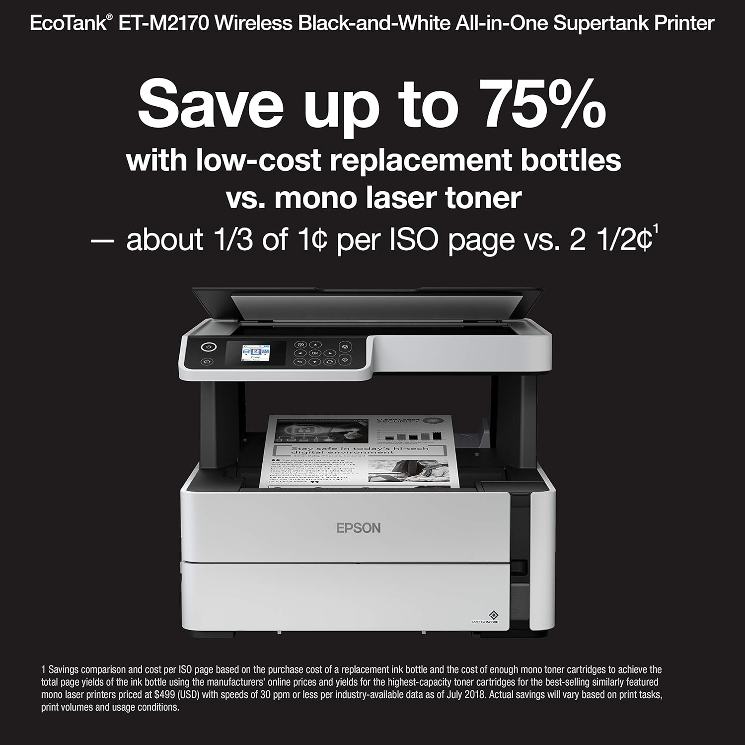 Epson EcoTank ET-M2170 Wireless Monochrome All-in-One Supertank Printer with Ethernet PLUS 2 Years of Unlimited Ink*,White