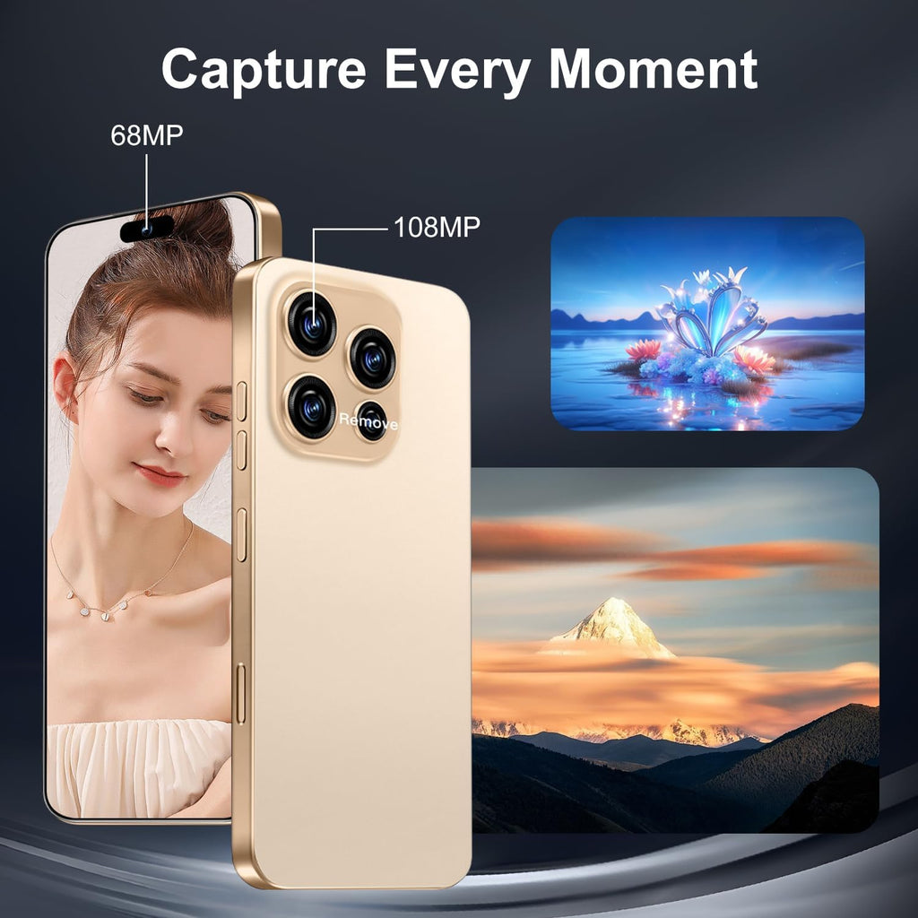 16PM 5G Unlocked Smartphone,12GB+512GB 7000mAh Fully Cell Phone for Android 14, 6.99" HD Screen Unlocked Cell Phone, 68MP+108MP Dual Camera/Dual SIM/Fingerprint (Gold)