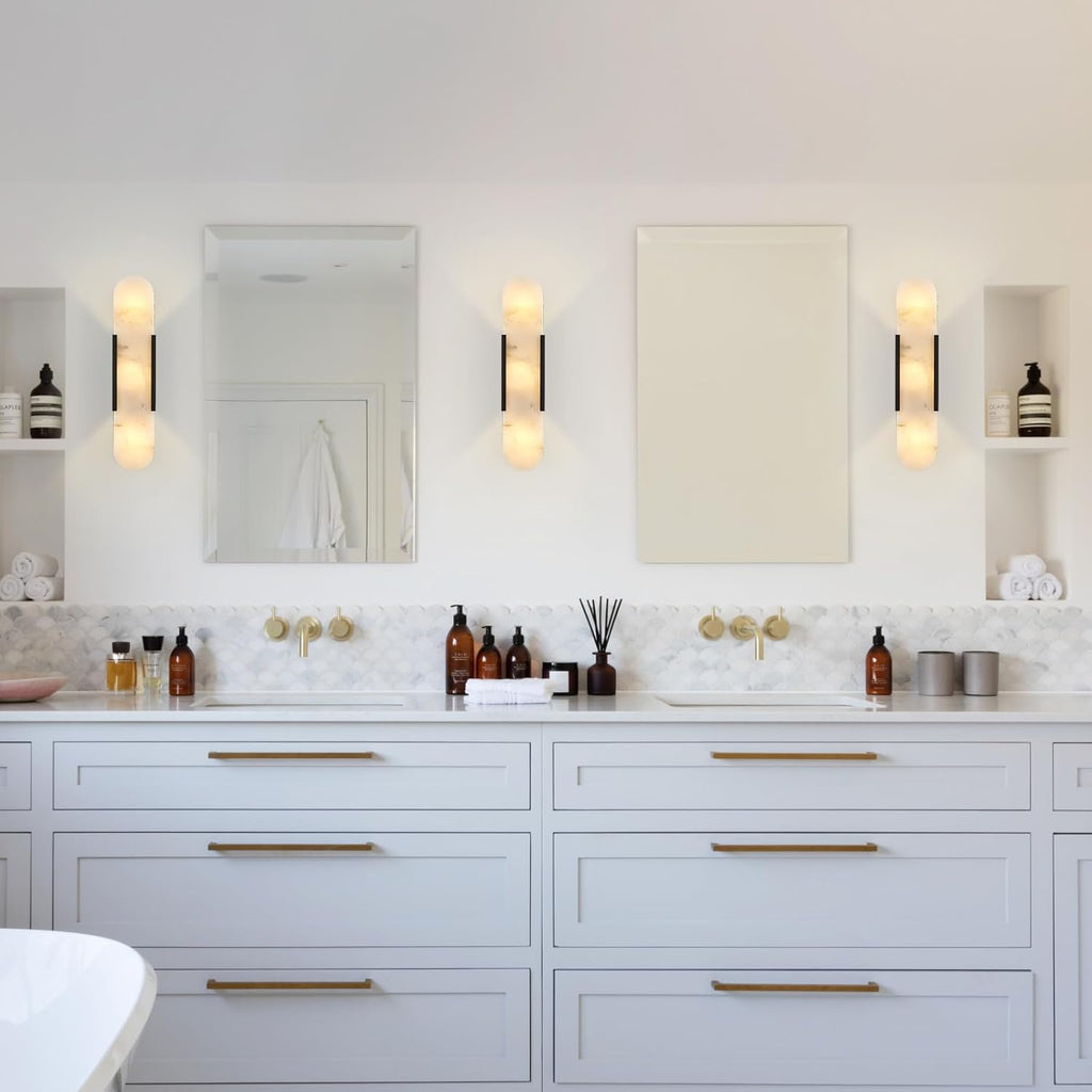 Black Modern Wall Sconces for Living Room, Alabaster Sconce Wall Light Fixtures Set of 2, Marble Sconce Lighting for Entryway Bathroom Bedroom