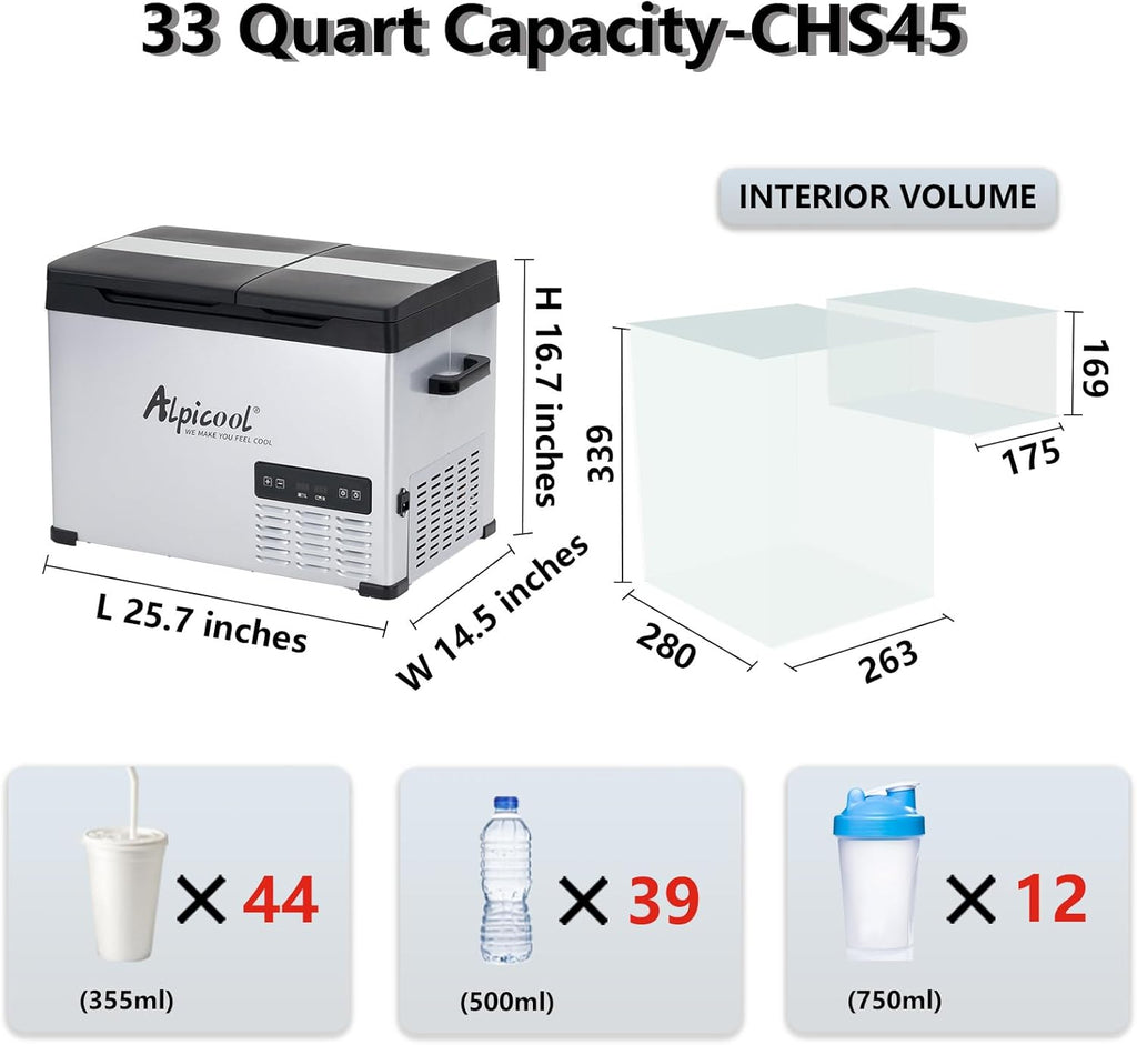 Alpicool CHS45 Dual Temperature Control 12 Volt Refrigerator 33 Quart Portable Car Fridge Freezer (-4°F~68°F) for Truck,RV,Camping and Travel