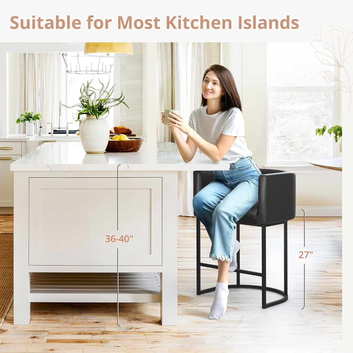 LUE BONA 27" H Counter Height Bar Stools Set of 3, Modern Barrel Counter Stools with Backrest and Arms, Black Metal Frames,Faux Leather Upholstered Accent Barstools for Kitchen Island,Black