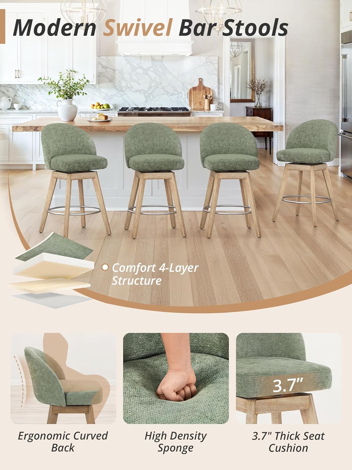 LUE BONA 360° Swivel Bar Stools Set of 3, 26" Counter Height Bar Stools with Backs, Modern Mid-Century Fabric Upholstered Stools with Solid Wood Legs for Kitchen Island, Light Green