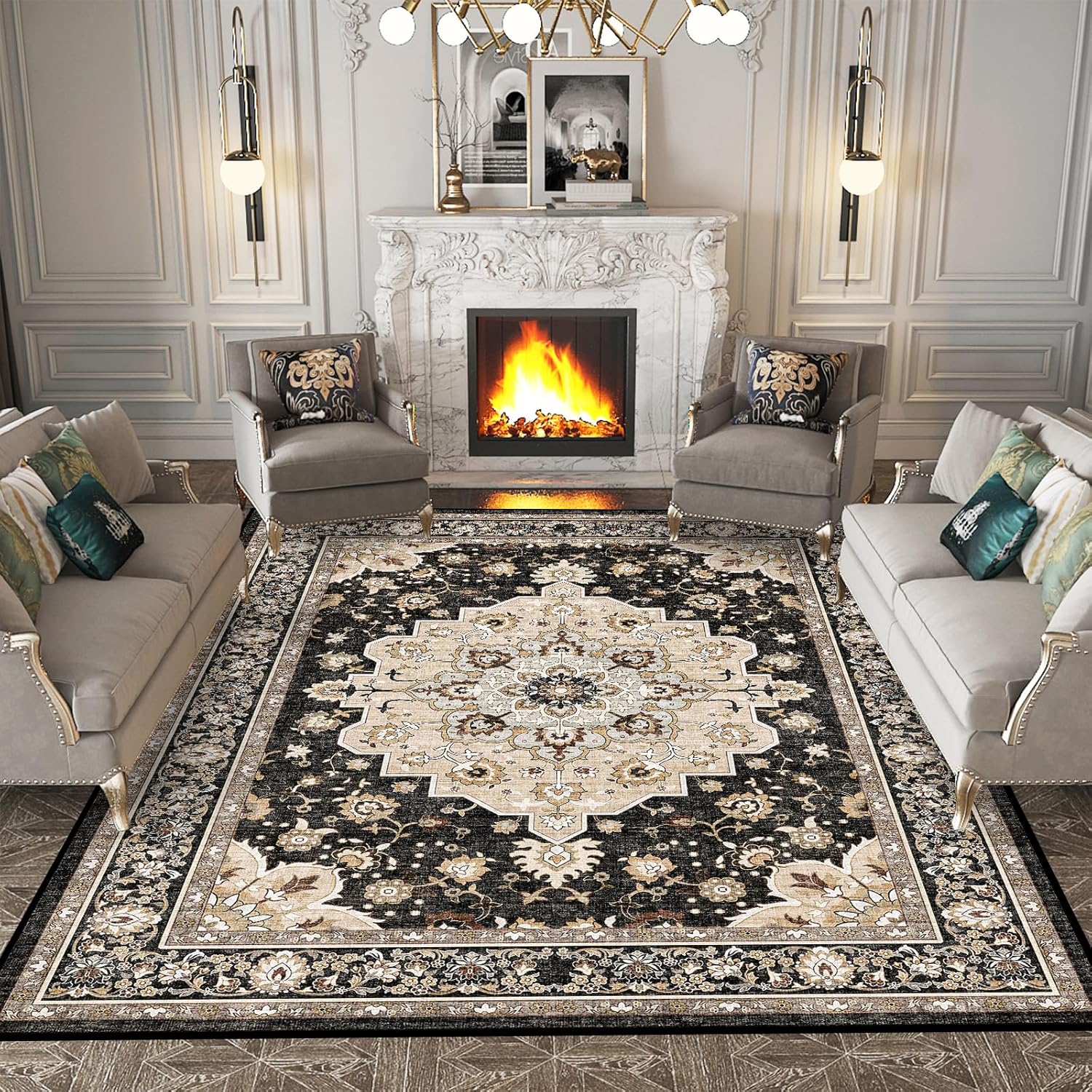 Washable Living Room Area Rug: 8x10 Oriental Stain Resistant Rugs for Living Room Medallion Non-Slip Carpet for Dining Room Soft Distresses Floor Mat for Bedroom Home Office (8x10 Black)
