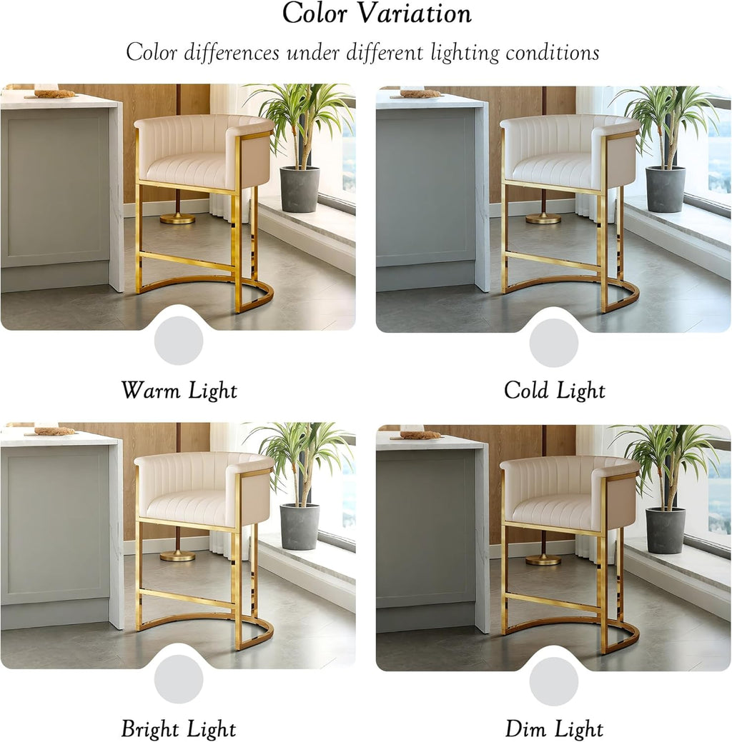 26" H Counter Height Bar Stools Set of 3, Modern Barrel Counter Stools with Backrest and Arms, Faux Leather Upholstered Accent Barstools for Kitchen Island, Gold Metal Frame/Ivory White