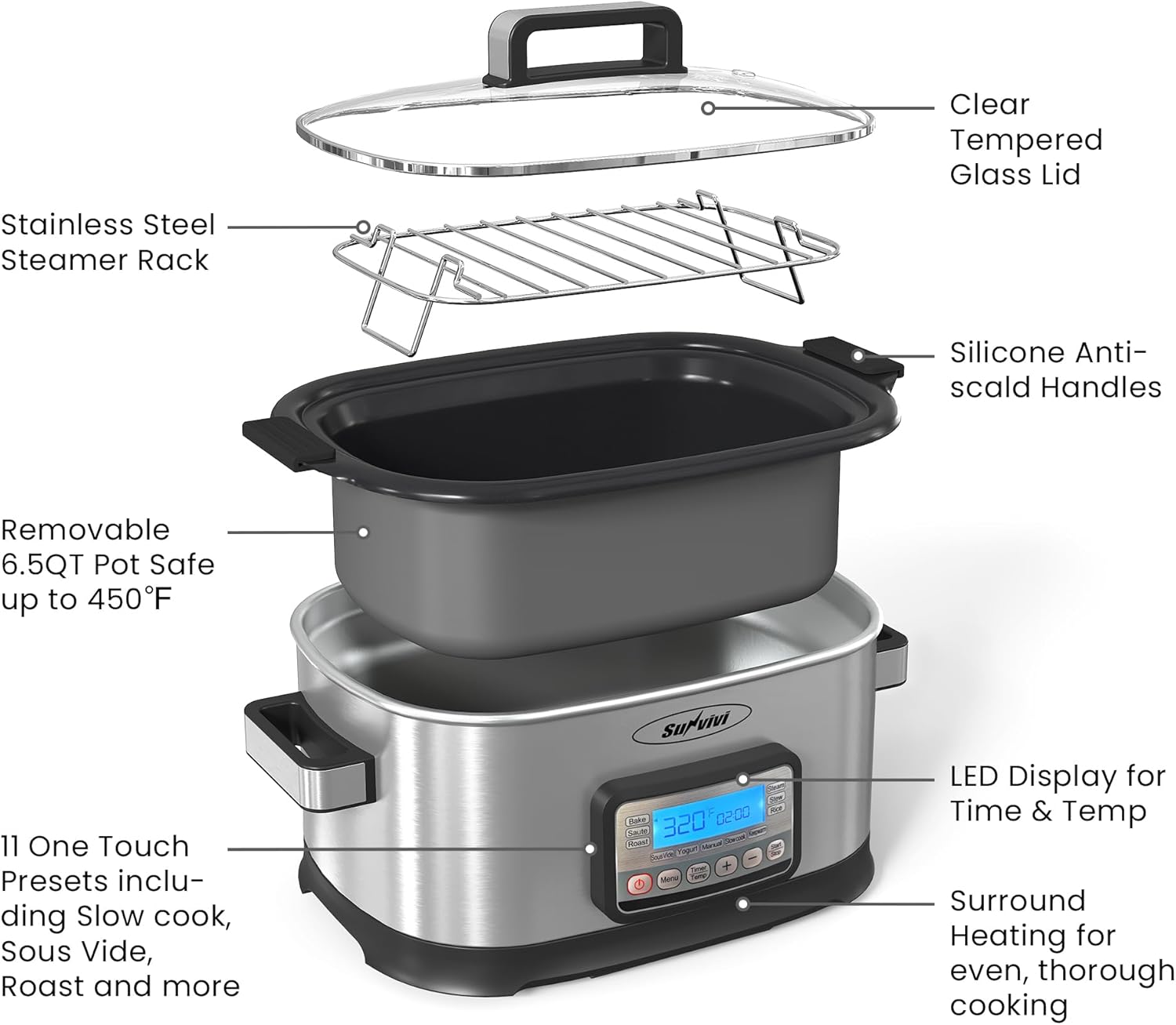Sunvivi Slow Cooker Roaster Oven 6.5 Quart, 11 in 1 Programmable Multi-Cooker with Digital Timer, Temp Control, Keep Warm, Removable Nonstick Pot & Dishwasher-Safe Glass Lid, Sliver