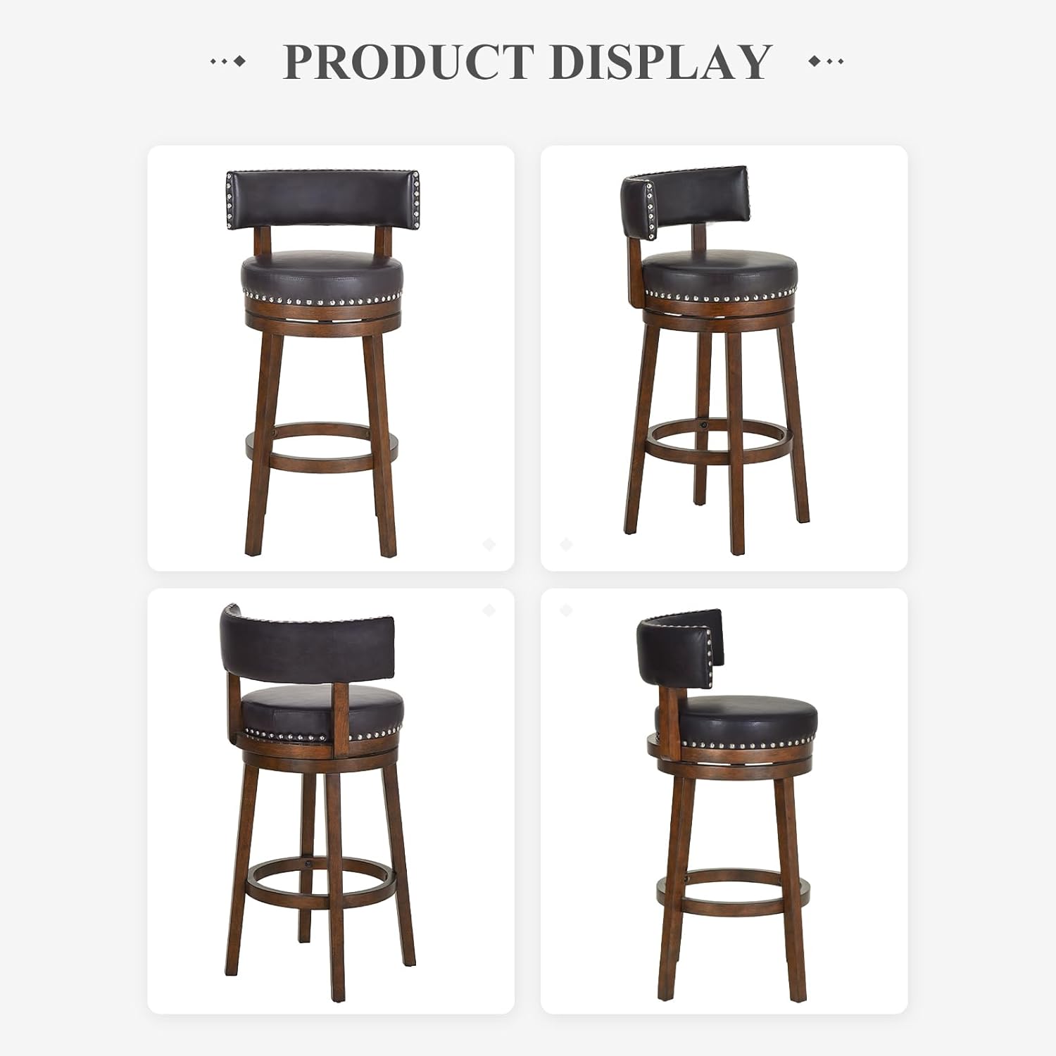 COLAMY Swivel Bar Stools Set of 4, 30 Inch Swivel Counter Height Stools, Modern Upholstered Wooden Barstools with Back for Kitchen Island Dining Room Bar, Dark Brown