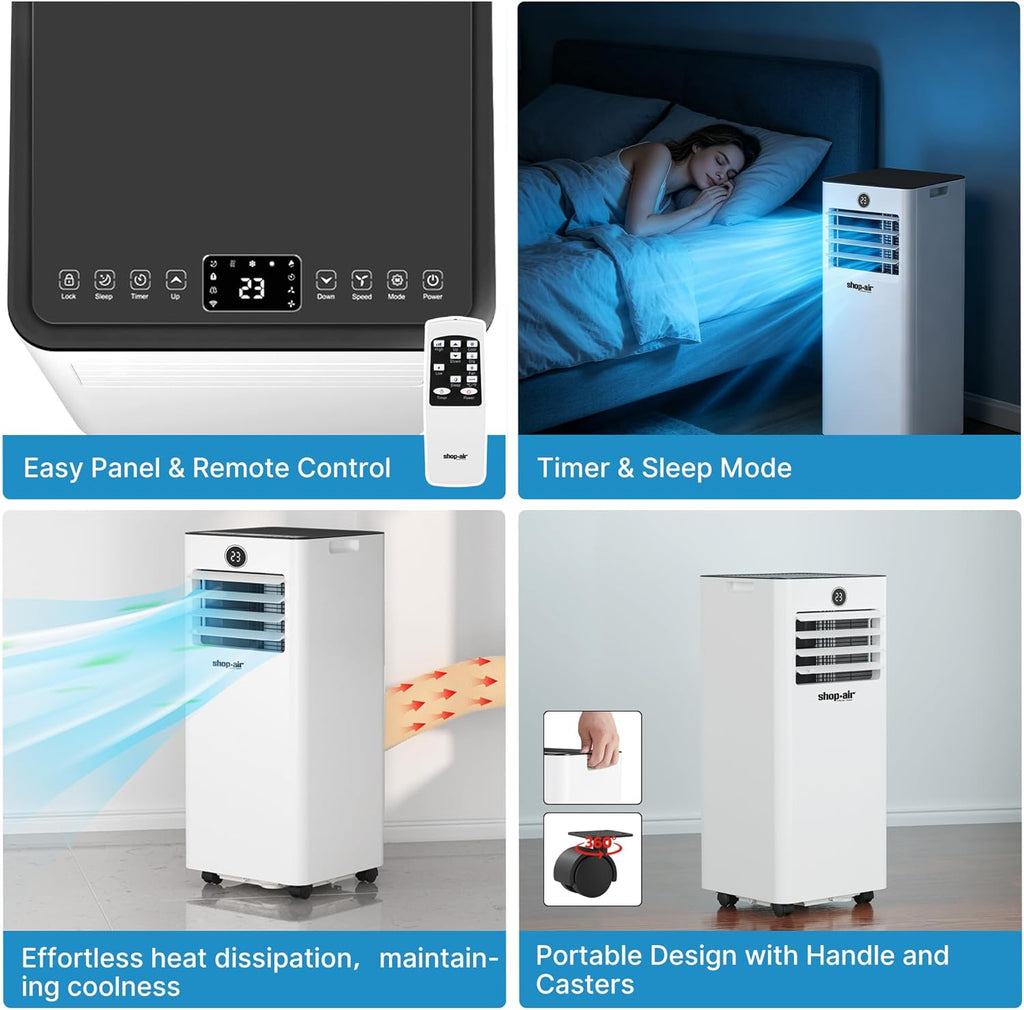 Shop-Air 10,000 BTU Portable Air Conditioner for Rooms up to 430 Sq. Ft, 3-in-1 Portable AC Unit for Rooms with Remote Control, Fast Cooling, Dehumidifier, Quiet Sleep Mode, Window Kit Included