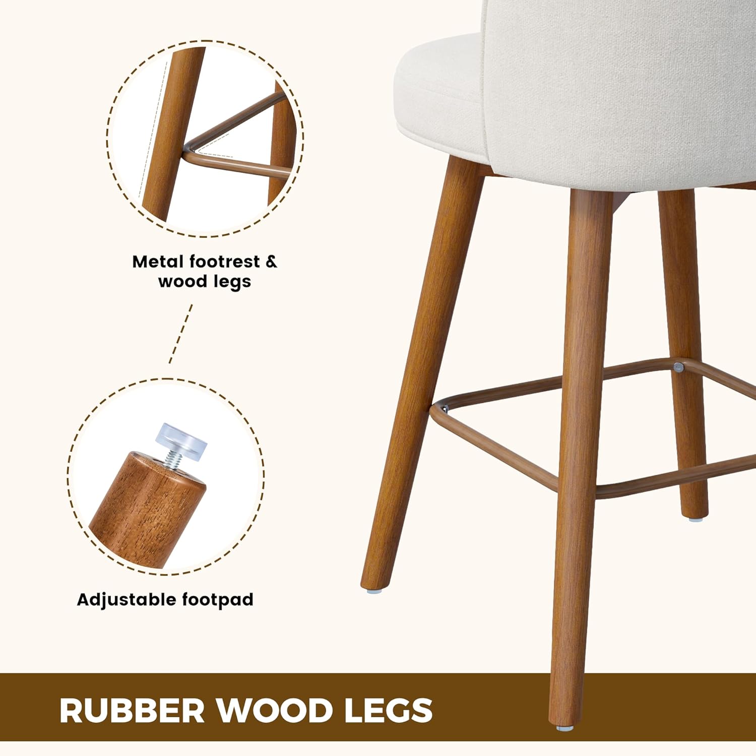 Modern Swivel Bar Stools Set of 3, Chic Upholstered Counter Height（26IN） Bar Chair with Back, Solid Wood Legs and Footrest, Comfortable Chenille Bar Stool for Kitchen Island, Cream Beige