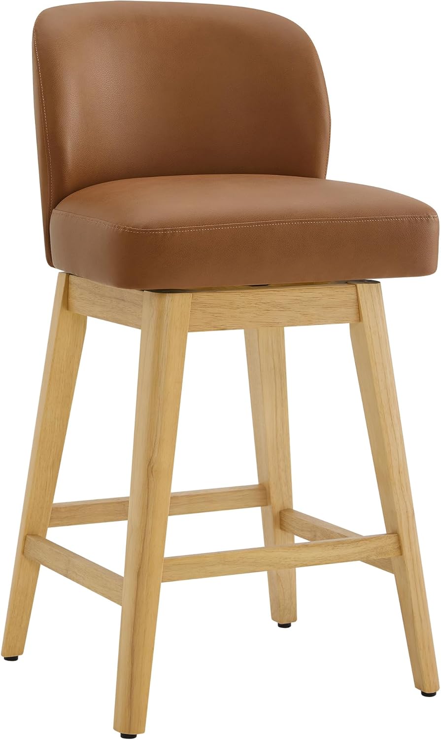 CHITA 26.8" Swivel Counter Height Bar Stools, Modern Upholstered Counter Stools with Back and Wood Legs for Kitchen Island, Home Bar, Set of 2, Saddle Brown Faux Leather