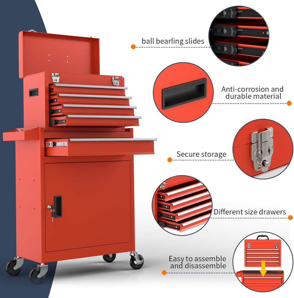 5-Drawer High Capacity Rolling Tool Chest, Removable Cabinet Storage Tool Box with Wheels and Drawers, Detachable Toolbox with Lock for Mechanics Garage Workshop and Tool Room (Red)