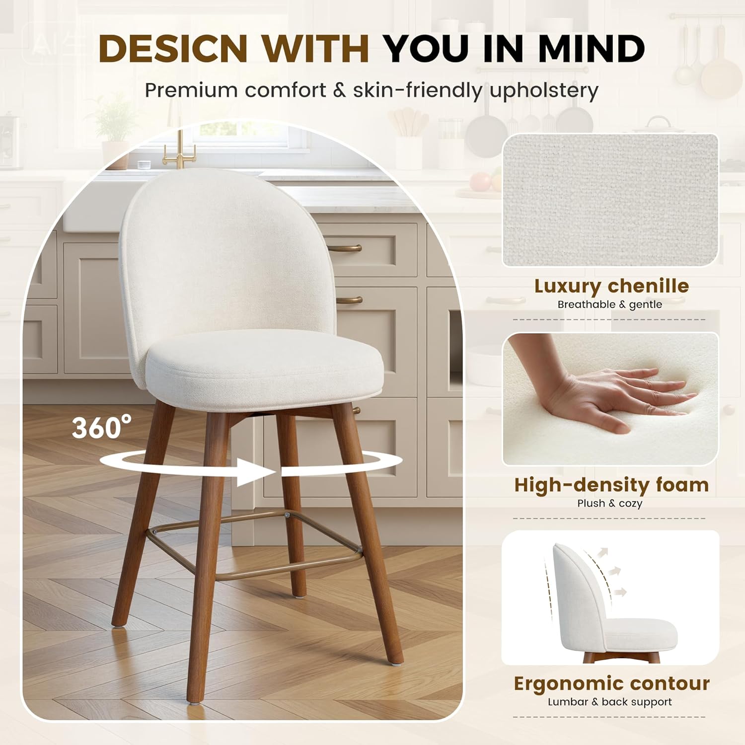 Modern Swivel Bar Stools Set of 3, Chic Upholstered Counter Height（26IN） Bar Chair with Back, Solid Wood Legs and Footrest, Comfortable Chenille Bar Stool for Kitchen Island, Cream Beige