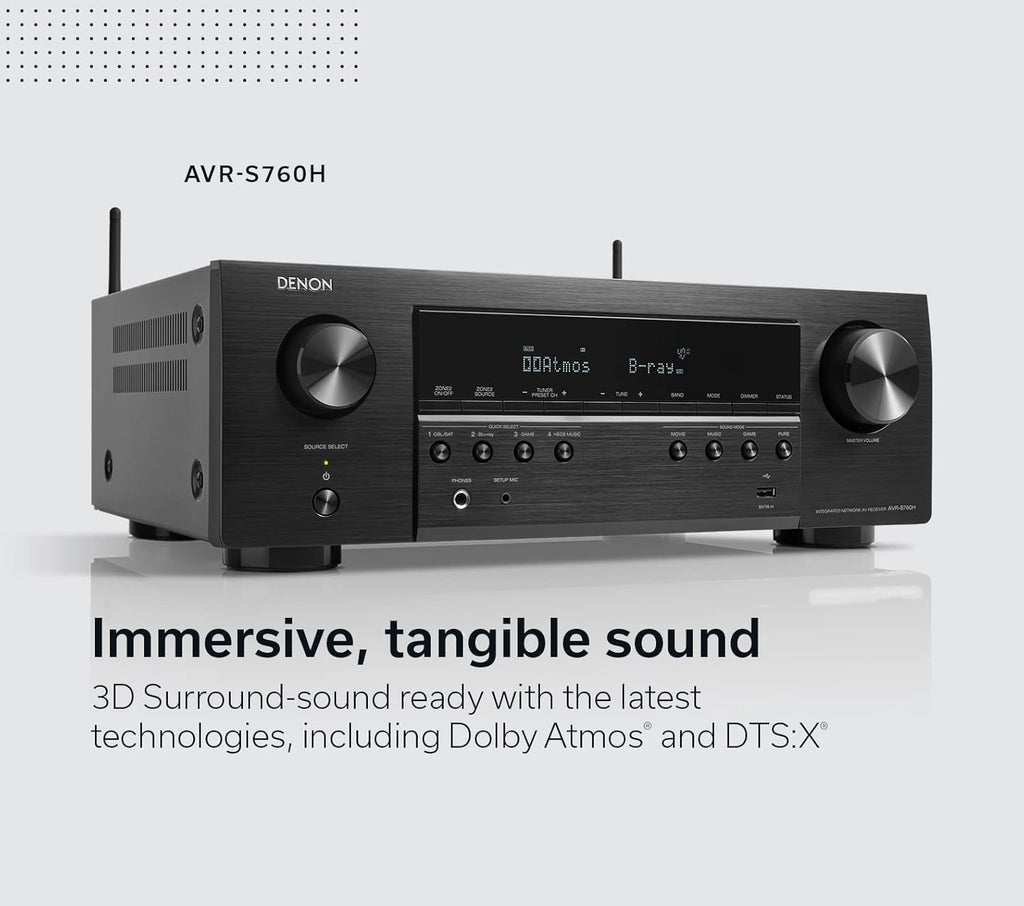 Denon AVR-S760H 7.2 Ch AVR - 75 W/Ch (2021 Model), Advanced 8K Upscaling, Dolby Atmos Height Virtualization, DTS Virtual:X & More, Built-in HEOS, Amazon Alexa Voice Control