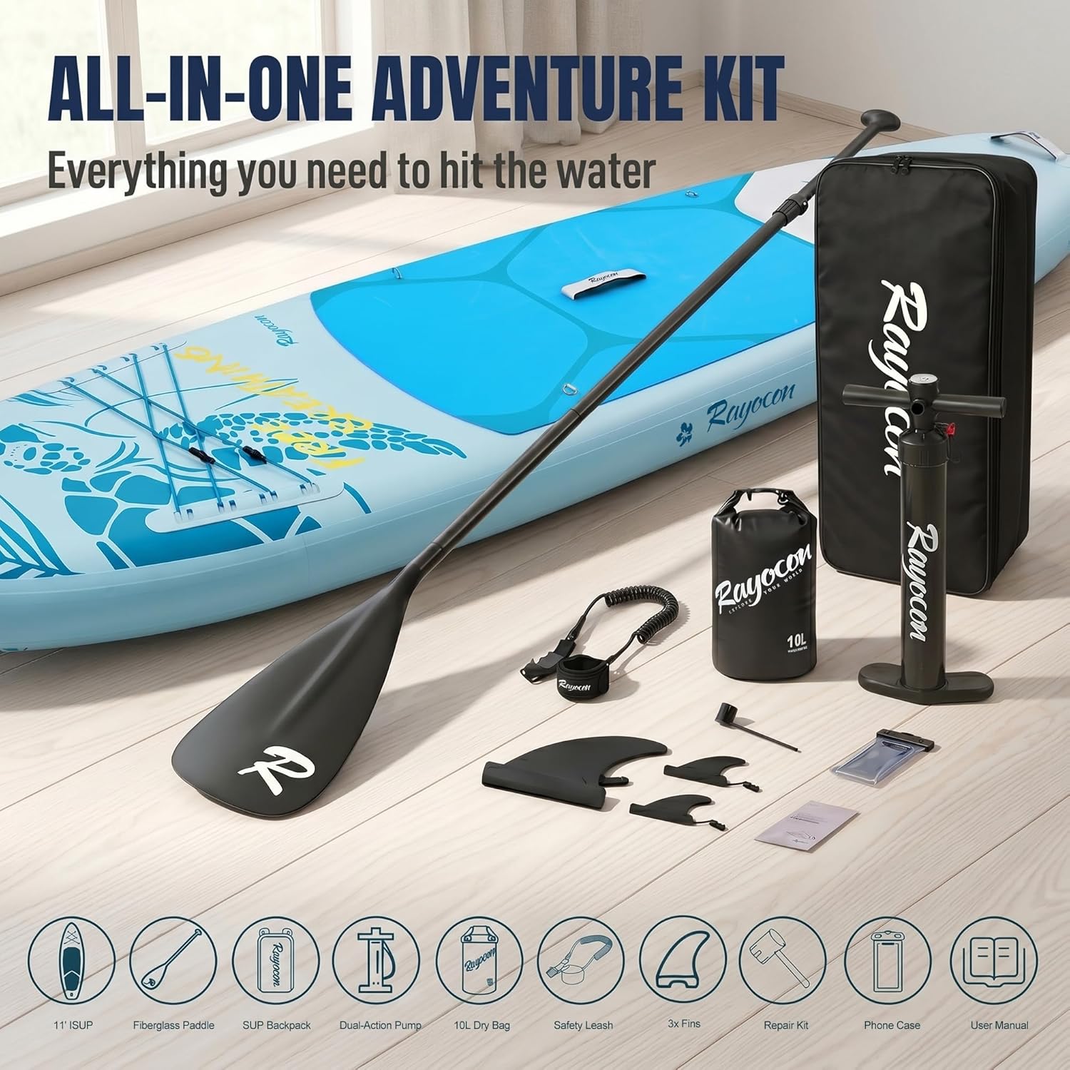 Inflatable Stand Up Paddle Board 11'×34" Extra Wide SUP, Ultra-Stable for Adults & Dog, 450lbs, Dual Chamber Pump, Fiberglass Paddle, Military Grade Dual Layer