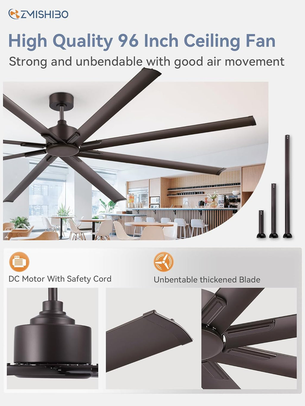 ZMISHIBO 96 Inch Ceiling Fans No Light, Large Industrial Ceiling Fan with 8 Aluminium Blades, Quiet DC Motor, 6 Speeds, Modern Ceiling Fan without Light for Garage/shop/living room,Oil-bronze