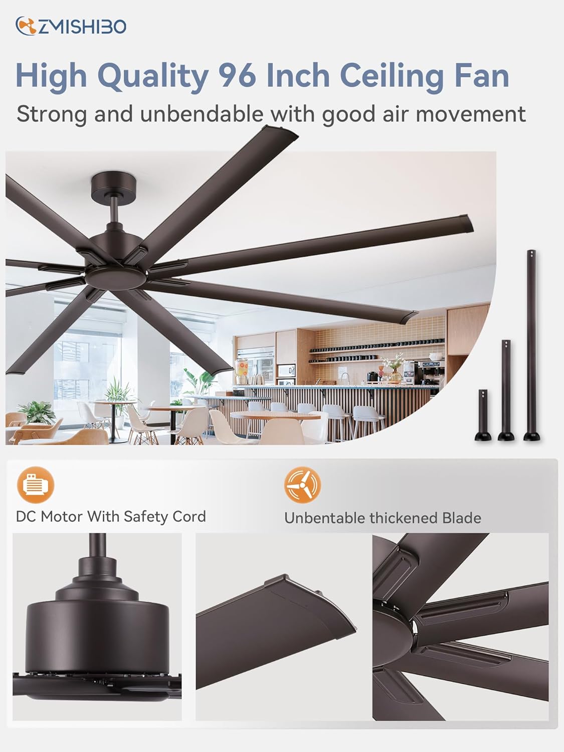 ZMISHIBO 96 Inch Ceiling Fans No Light, Large Industrial Ceiling Fan with 8 Aluminium Blades, Quiet DC Motor, 6 Speeds, Modern Ceiling Fan without Light for Garage/shop/living room,Oil-bronze