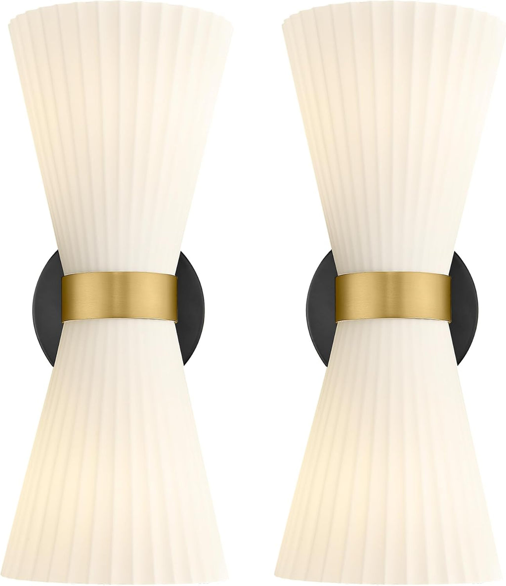 Wall Sconces Set of Two, HWH 14.3 Inch Black and Gold Bathroom Sconces with Frosted Milk White Striped Glass, Up Down Modern Wall Light fixtures for Living Room Bedroom, 5HZG97B-2W-2PK BK+BG