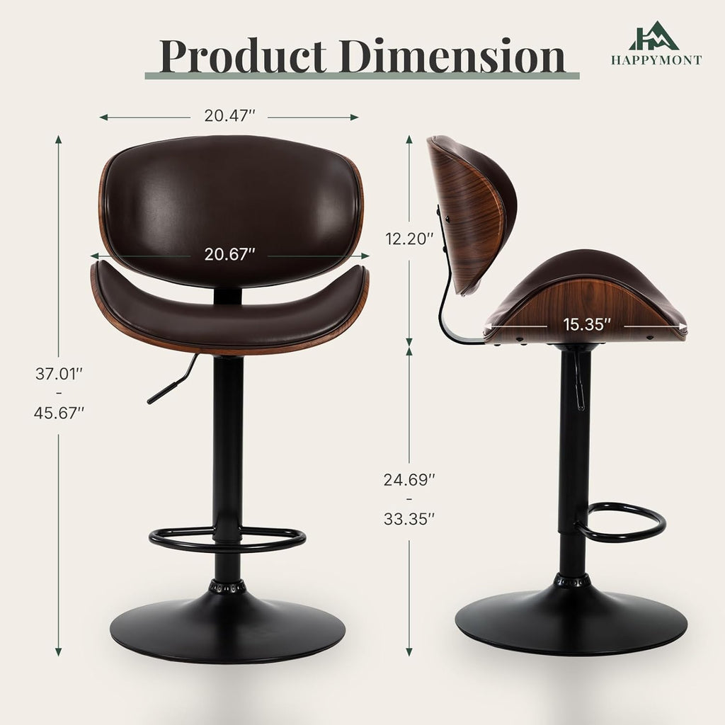 Swivel Bar Stools Set of 2, Adjustable Height Bentwood Barstools with Removable Back, PU Leather Upholstered Bar Chair for Kitchen Island Dining Room, Brown