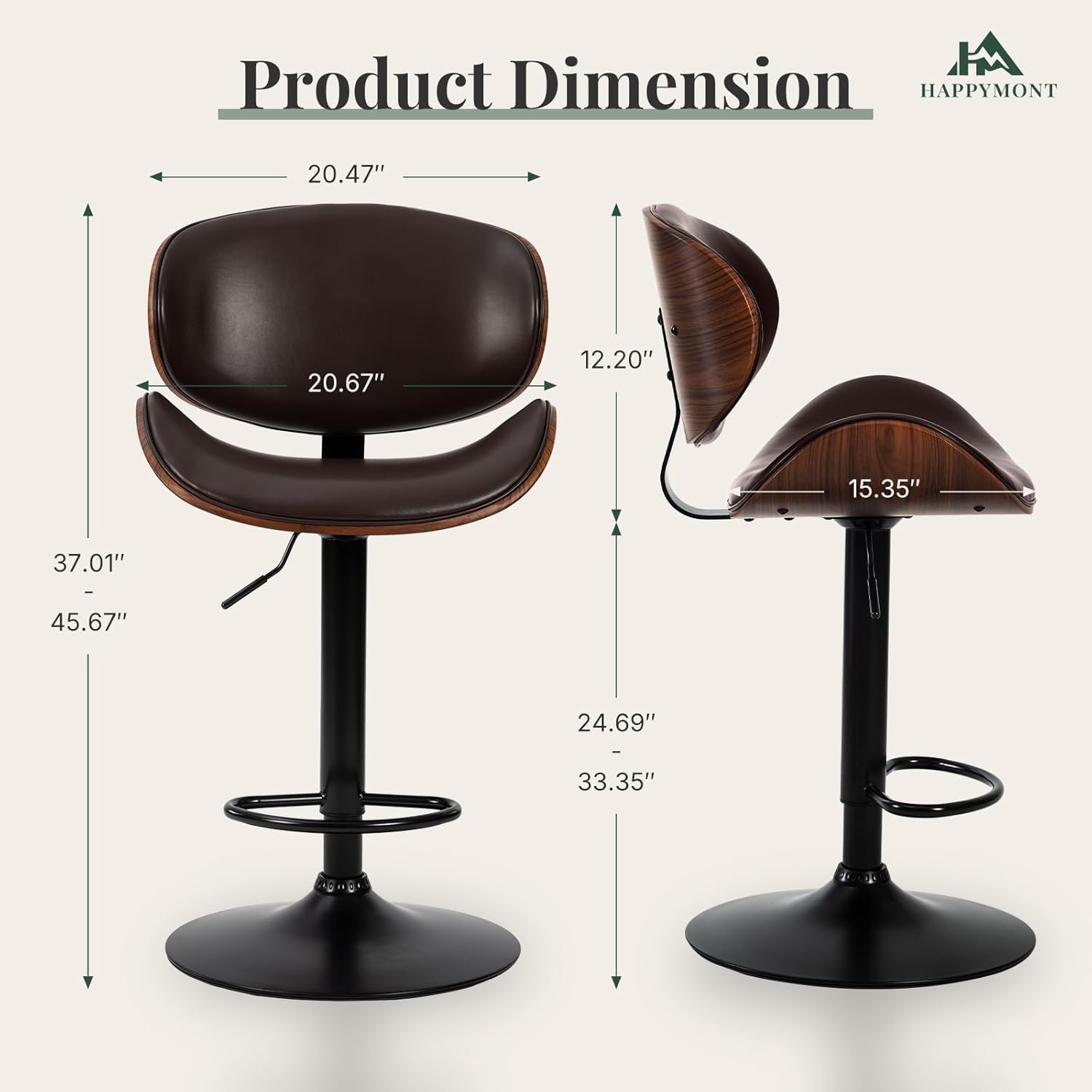 Swivel Bar Stools Set of 2, Adjustable Height Bentwood Barstools with Removable Back, PU Leather Upholstered Bar Chair for Kitchen Island Dining Room, Brown