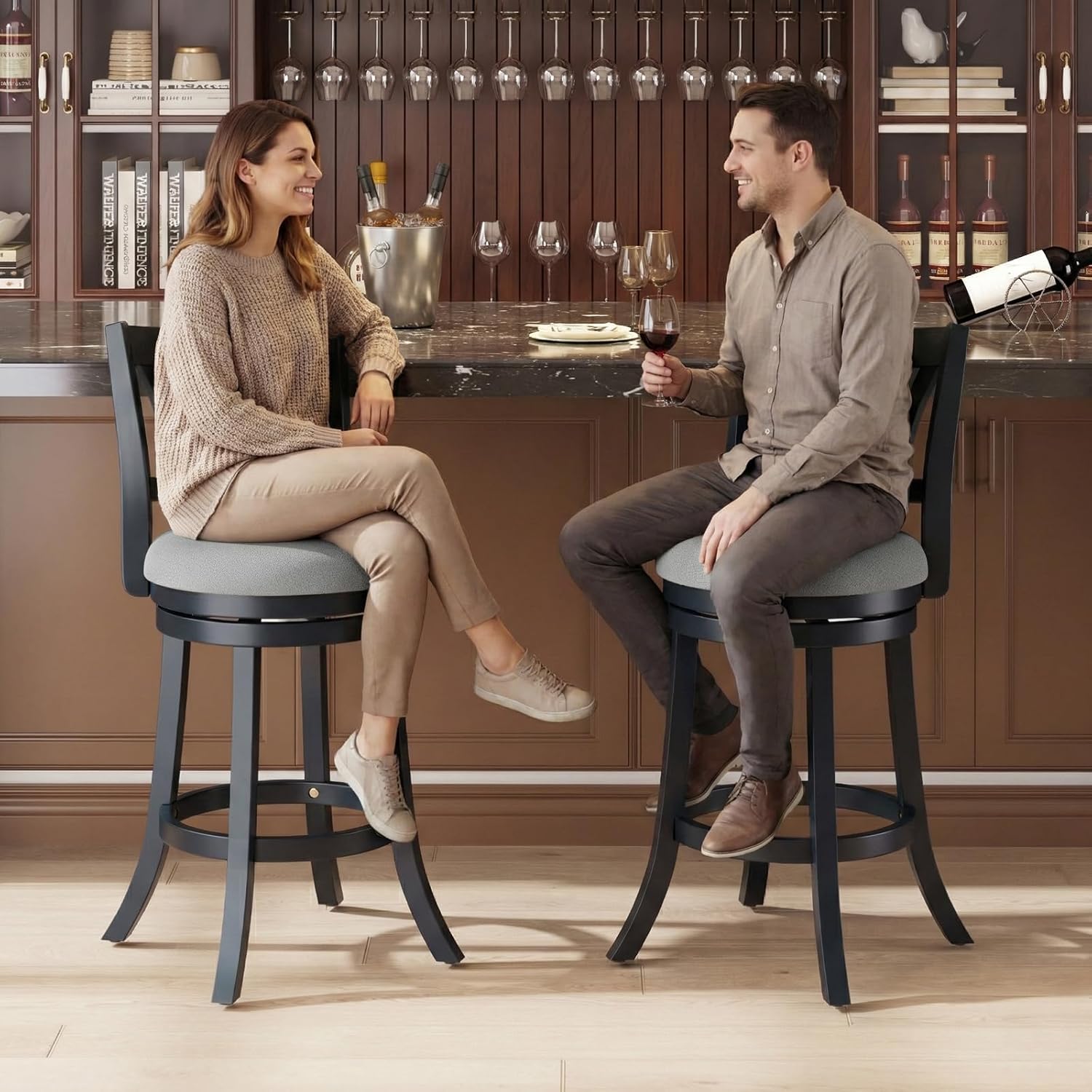 MALOL Swivel Bar Stools Set of 2, 26 Inch Counter Height Barstool with Silent Rotation, High-Density Foam Cushion, Solid Wood Frame, Footrest & Anti-Slip Pads for Kitchen Islands and Home Bars (Grey)