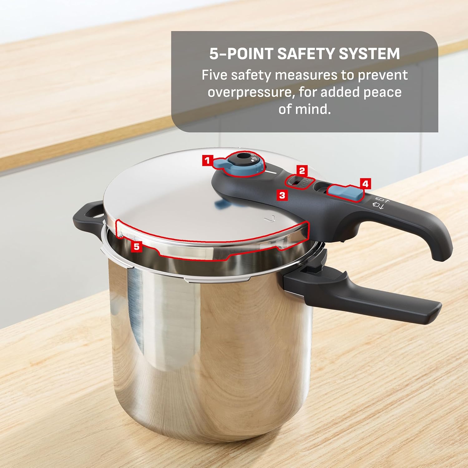 T-Fal Secure Trendy Stainless Steel Pressure Cooker, 8.5 Quart, Steam Basket, Induction, Secure Locking System, Easy and Safe Opening, Compatible with All Cooktops, Dishwasher Safe, Silver