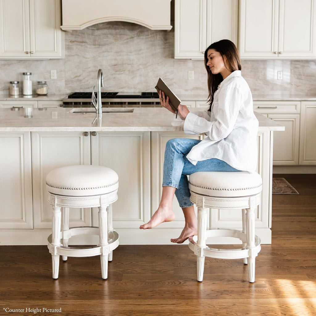 Maven Lane Pullman Backless Bar Stool 31 Inches – Swivel Stool with Footrest – White Solid Wood Frame & Natural Fabric Upholstery – Perfect for Bars, Pub Tables & Tall Kitchen Counters