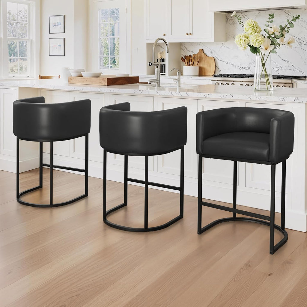 LUE BONA 27" H Counter Height Bar Stools Set of 3, Modern Barrel Counter Stools with Backrest and Arms, Black Metal Frames,Faux Leather Upholstered Accent Barstools for Kitchen Island,Black