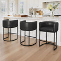 LUE BONA 27" H Counter Height Bar Stools Set of 3, Modern Barrel Counter Stools with Backrest and Arms, Black Metal Frames,Faux Leather Upholstered Accent Barstools for Kitchen Island,Black