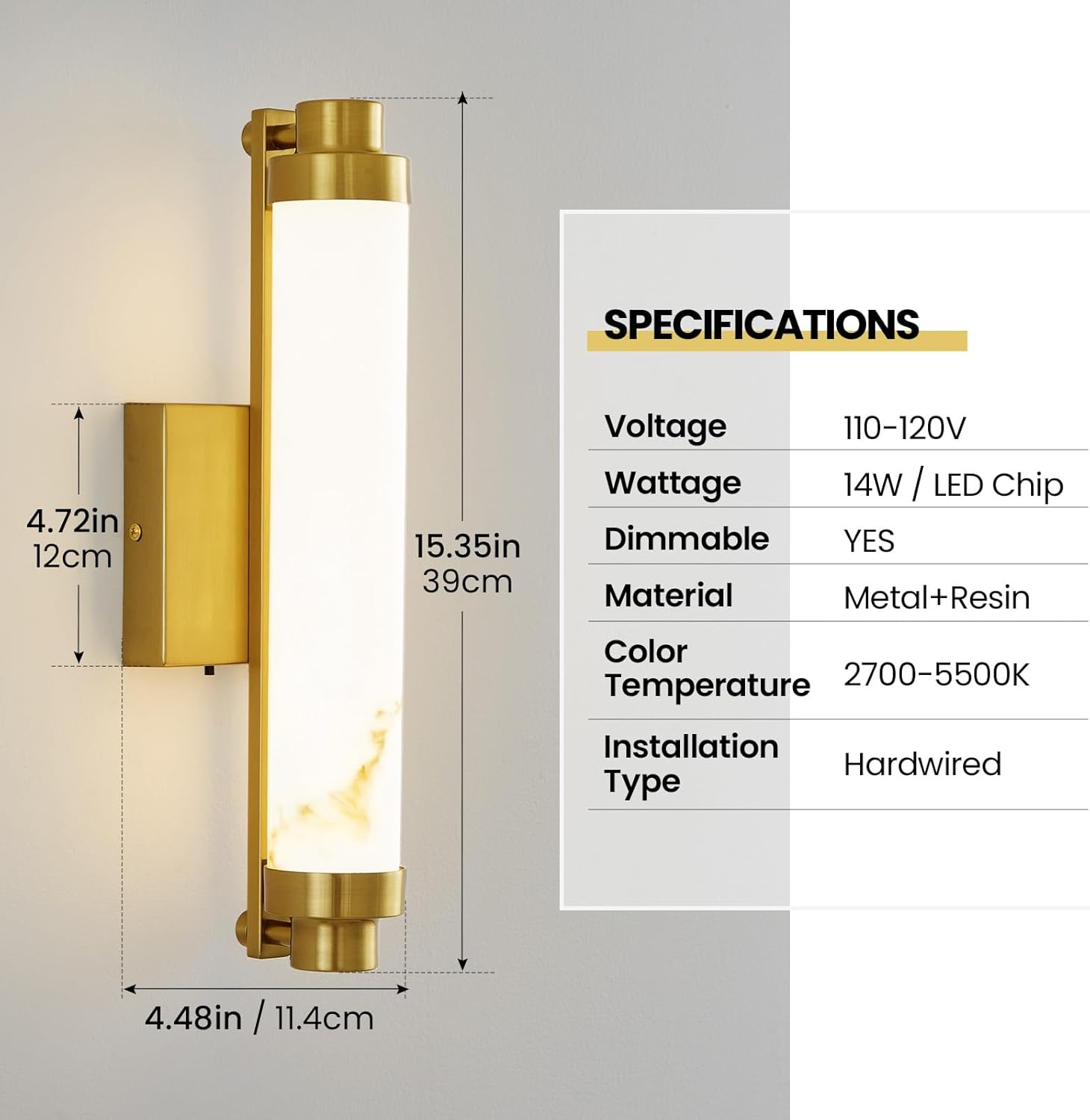 15.4" Gold Wall Sconces Set of 2, Modern Bathroom Sconces with Resin Shade, 5CCT Dimmable LED Wall Lights 14W for Bedroom, Living Room, Hallway