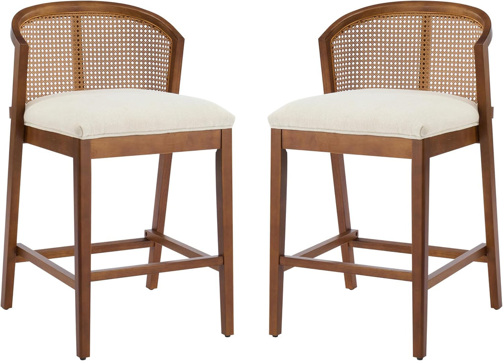 Christopher Knight Home JENA Rattan Counter Stools Set of 2, Counter Height Bar Stools for Bar Table, Rubberwood Frame with Upholstered Barstools, Wood Accent Chair with Footrest, Beige + Walnut