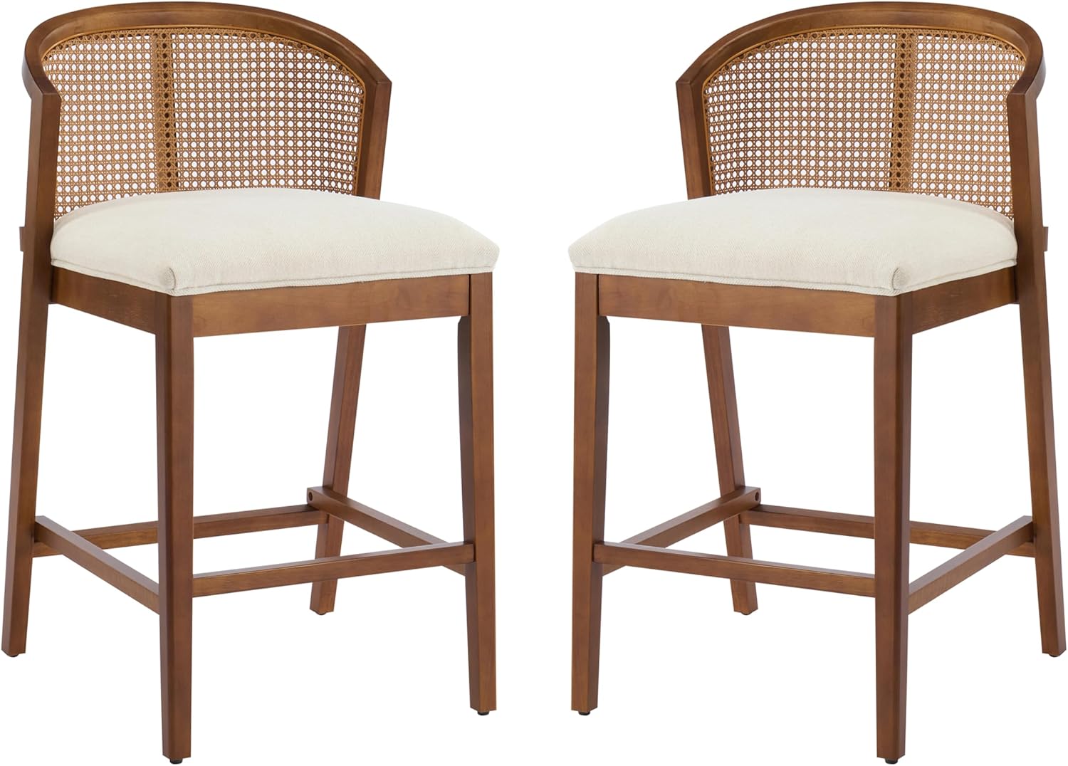Christopher Knight Home JENA Rattan Counter Stools Set of 2, Counter Height Bar Stools for Bar Table, Rubberwood Frame with Upholstered Barstools, Wood Accent Chair with Footrest, Beige + Walnut