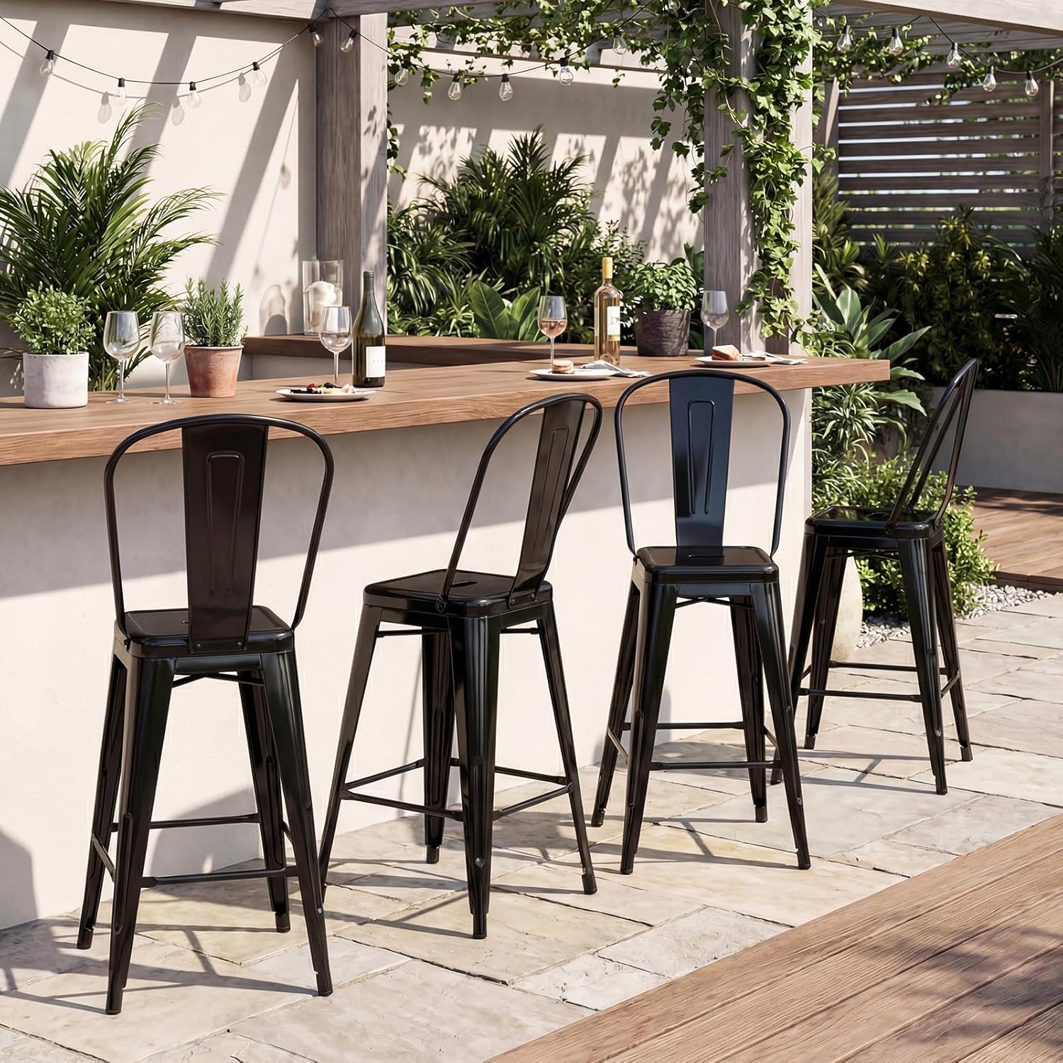 Giantex 24" Metal Bar Stools Set of 4, Counter Height Bar Chairs w/Removable Back & Integrated Footrest, High Back Barstools w/Rubber Foot Pads for Kitchen Dining Rooms, Restaurants, Black