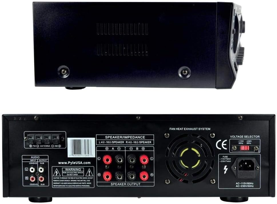 Pyle Home Stereo Amplifier with Bluetooth - 300 Watt Max 4 Channel Stereo Receiver with Easy Karaoke - Dual Mic In with EQ and Echo, USB-A and SD Card In, RCA In, RCA Out, LED Display - PT272AUBT