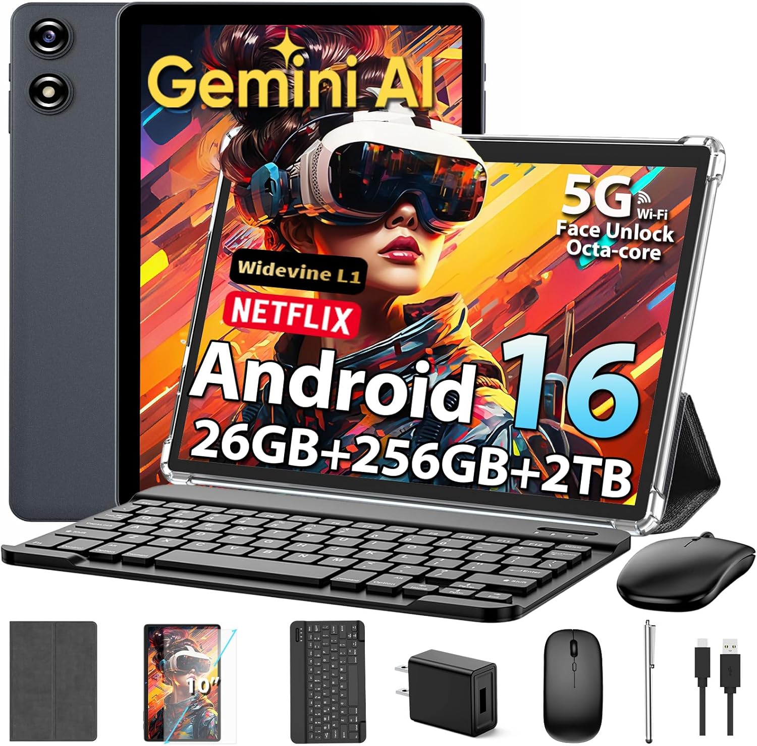 2026 Android Tablet with Keyboard, Upgraded Android 16 tablet with 26GB+256GB+2TB Expand, 10 inch Tablet PC with 8-Core, Gemini AI, WiFi, 8000mAh, GMS,GPS, 2-in-1 Tablet with Case,Mouse,Stylus(Silver)