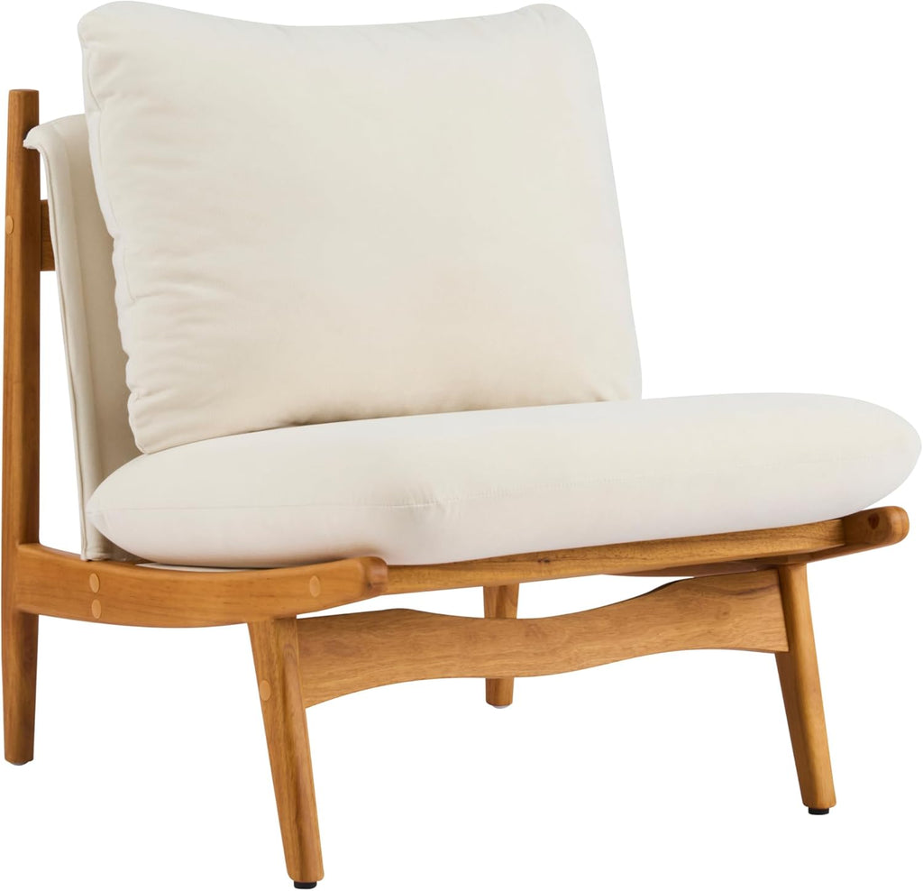 Christopher Knight Home Vista Low Profile Accent Chair Set of 2 with Removable Cushion, Solid Wood Armless Lounge Chair, Fabric Comfy Reading Chair for Bedroom, Beige+Natural