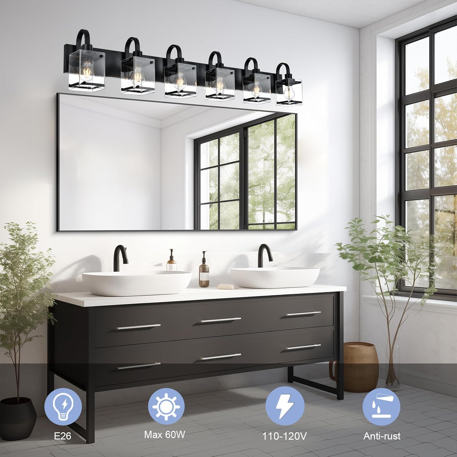 TODOLUZ Modern Vanity Light Fixture Over Mirror,6 Lights Wall Sconce with Clear Glass Shade Bathroom Lighting Black Farmhouse Wall Lamp Bathroom Mirror Kitchen Porch Living Room Workshop