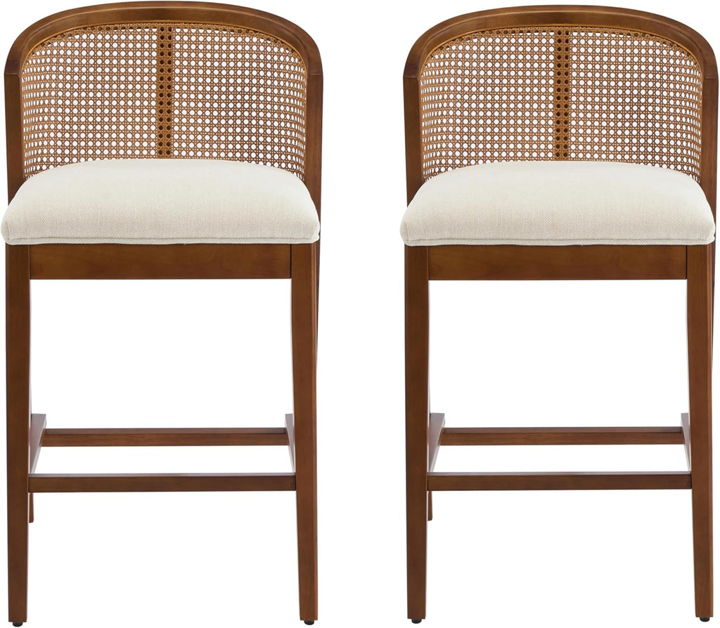 Christopher Knight Home JENA Rattan Counter Stools Set of 2, Counter Height Bar Stools for Bar Table, Rubberwood Frame with Upholstered Barstools, Wood Accent Chair with Footrest, Beige + Walnut