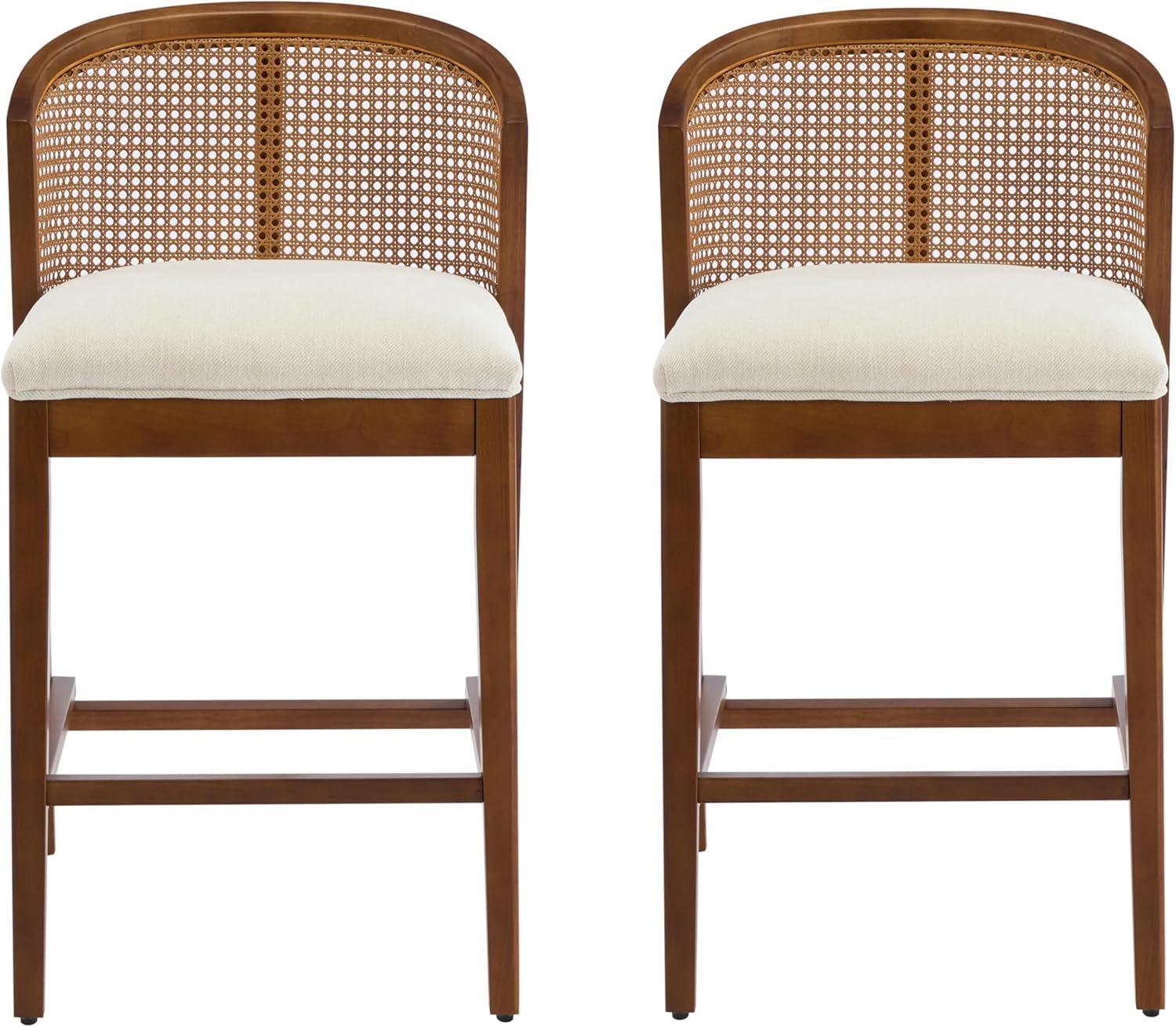 Christopher Knight Home JENA Rattan Counter Stools Set of 2, Counter Height Bar Stools for Bar Table, Rubberwood Frame with Upholstered Barstools, Wood Accent Chair with Footrest, Beige + Walnut