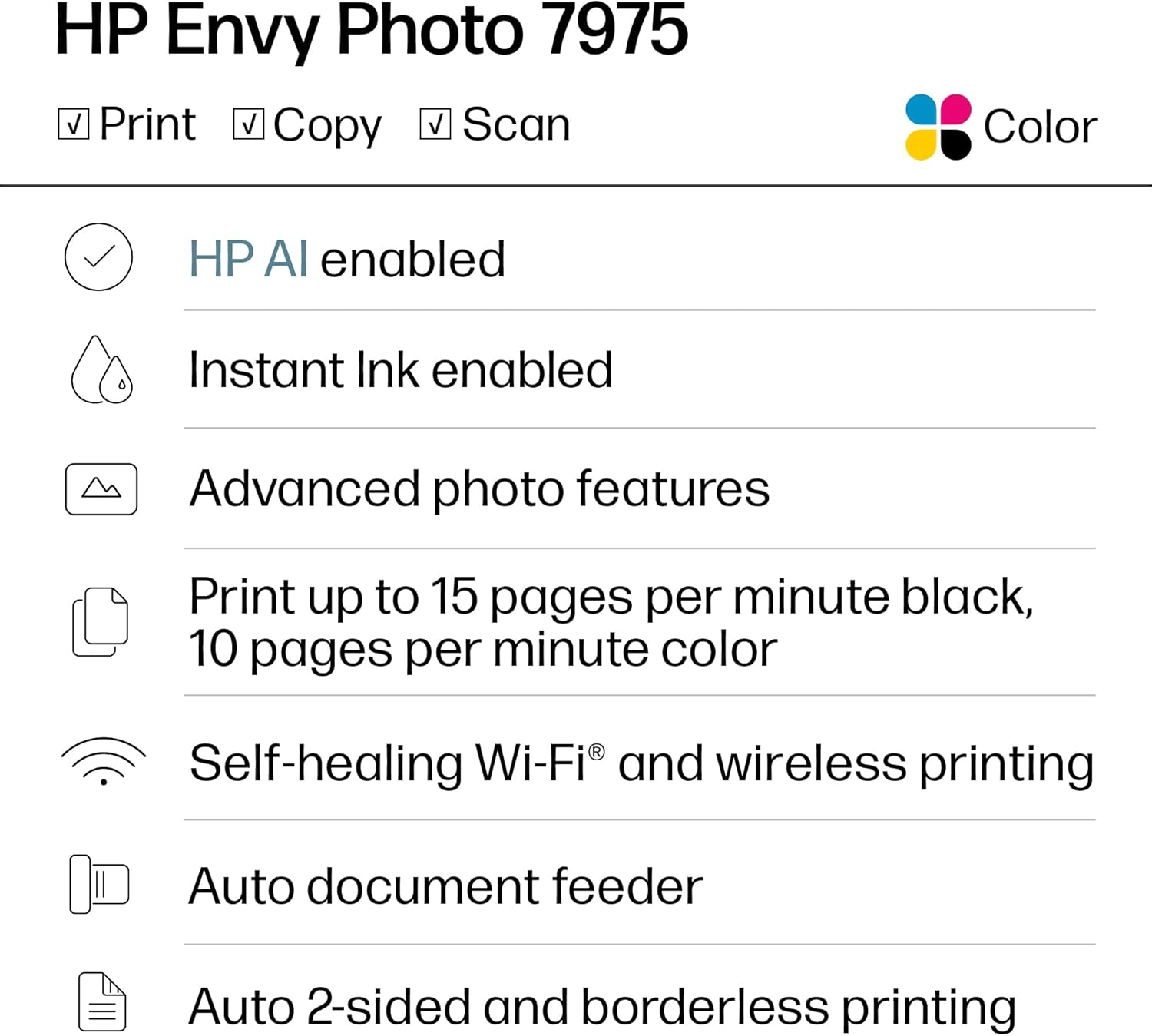 HP Envy Photo 7975 Wireless Color Inkjet Photo Printer, Print, scan, Copy, Easy Setup, Mobile Printing, Best-for-Home, 3 Month Instant Ink Trial Included, AI-Enabled (B63K3A)