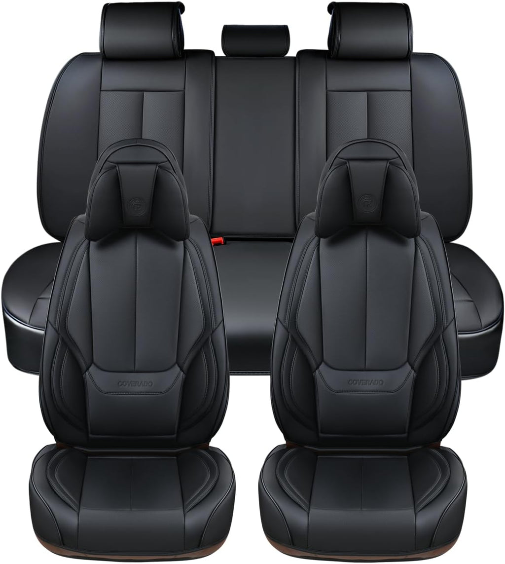 Coverado Car Seat Covers 5 Pieces, Full Set Universal Seat Covers for Cars, Waterproof Nappa Leather Auto Seat Protectors with Head Pillow, Car Interiors Fit for Most Sedans SUV Pick-up Truck, Black