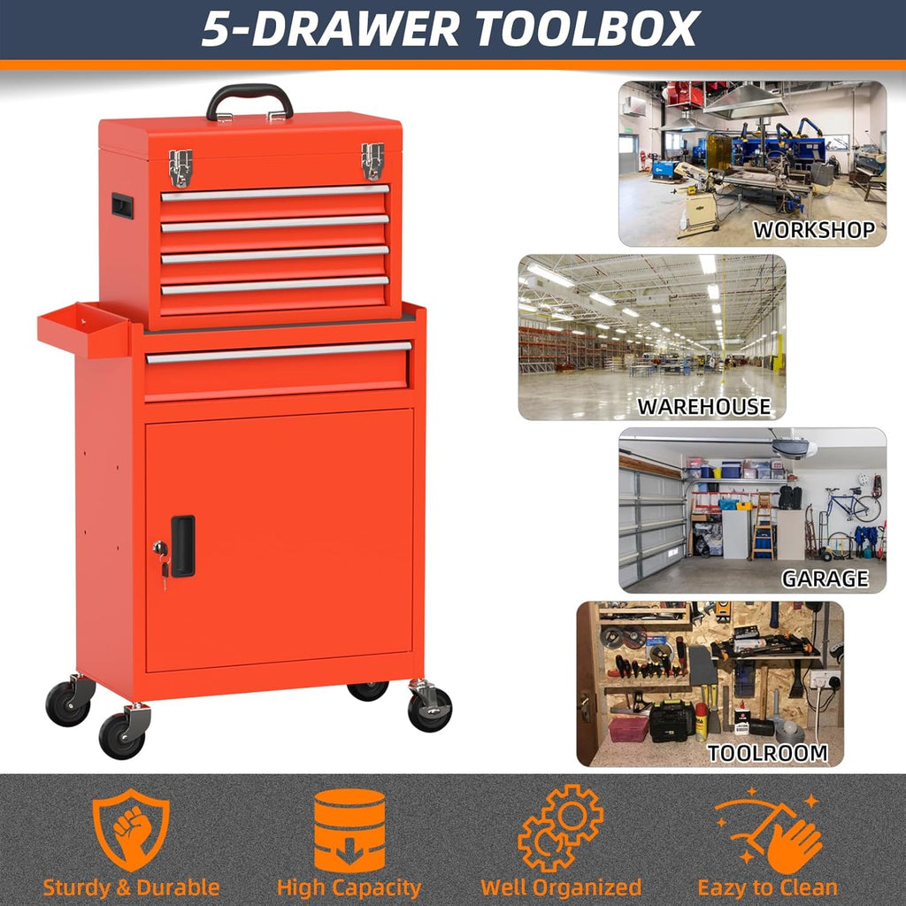 5-Drawer High Capacity Rolling Tool Chest, Removable Cabinet Storage Tool Box with Wheels and Drawers, Detachable Toolbox with Lock for Mechanics Garage Workshop and Tool Room (Red)